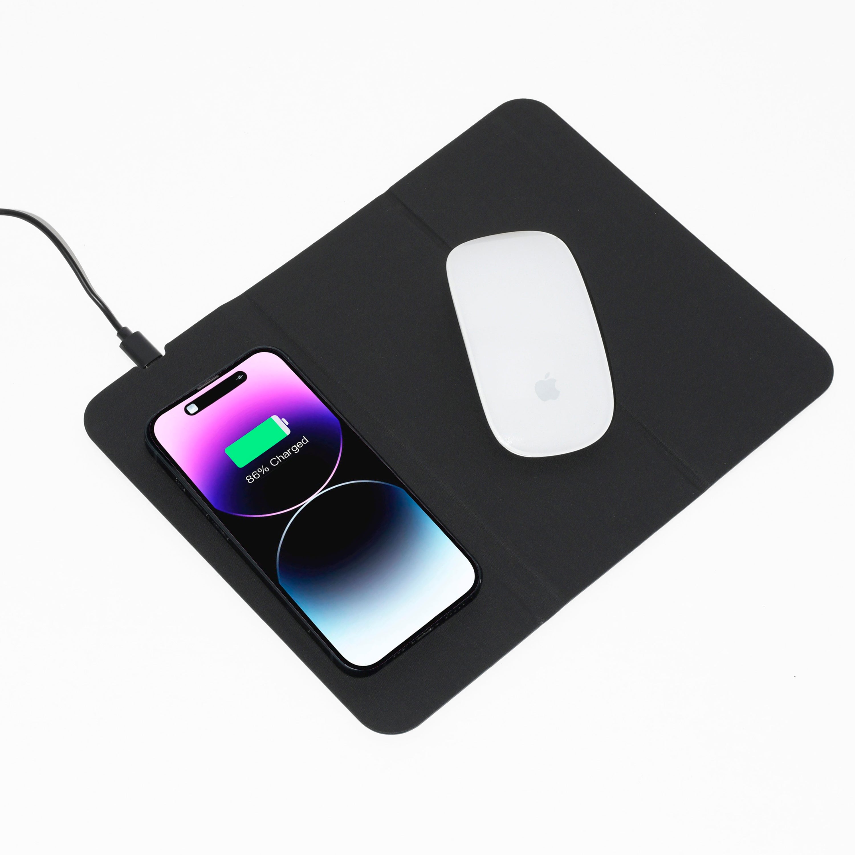 A sleek Wireless Charge Mouse Pad featuring a smooth surface for mouse movement and an integrated wireless charging area for smartphones and gadgets.