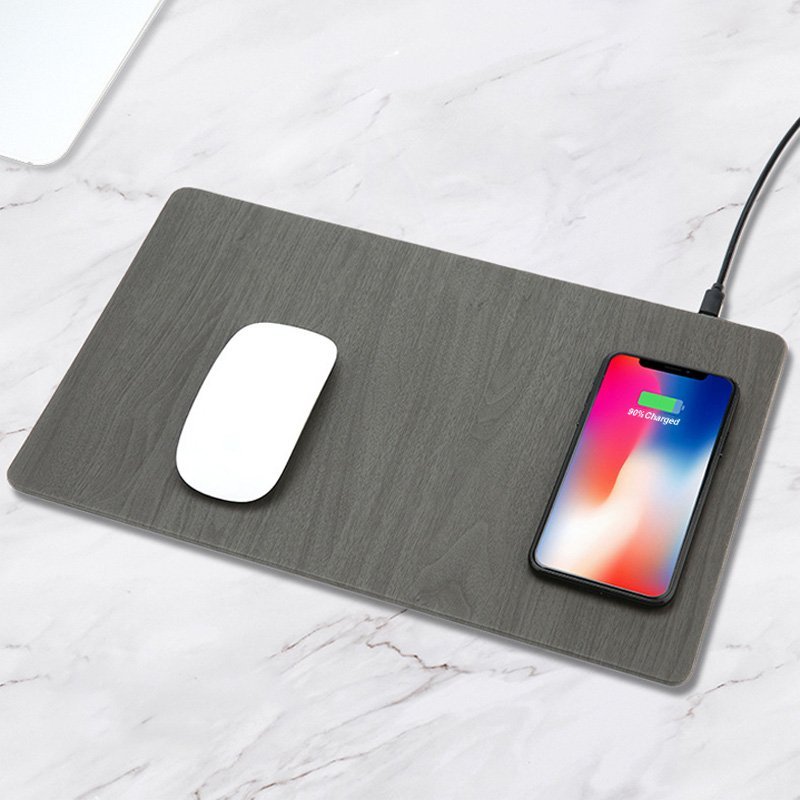 Wood Grain Wireless Charging Mouse Pad with unique wood grain finish, USB cable included, designed for QI standard devices.