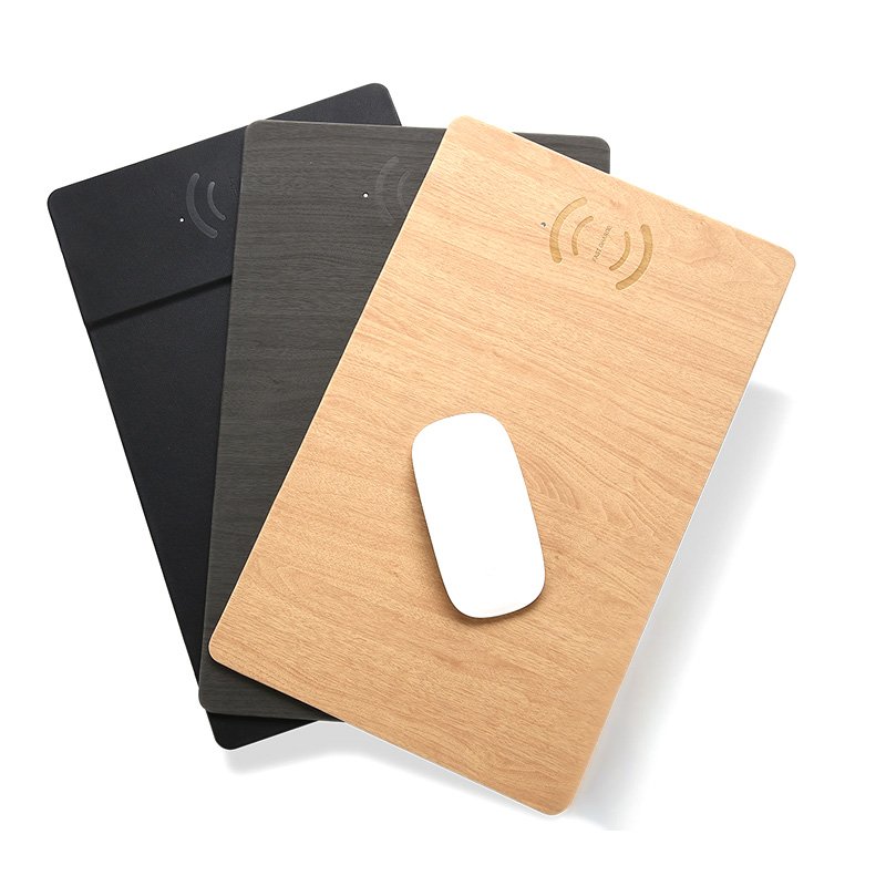 Wood Grain Wireless Charging Mouse Pad with unique wood grain finish, USB cable included, designed for QI standard devices.