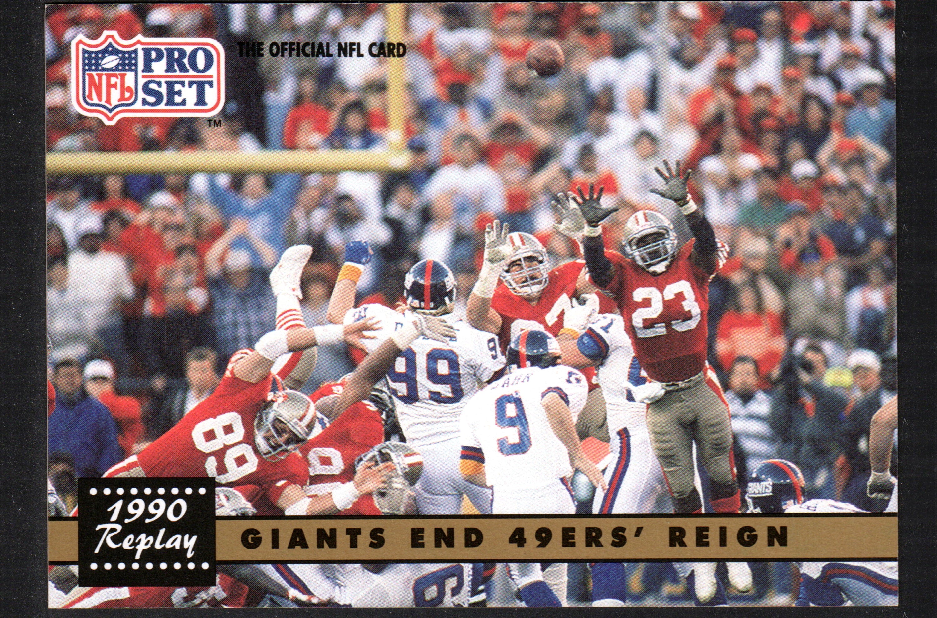 1990 Replay Giants End 49ers' Reign trading card featuring Matt Bahr in New York Giants uniform.