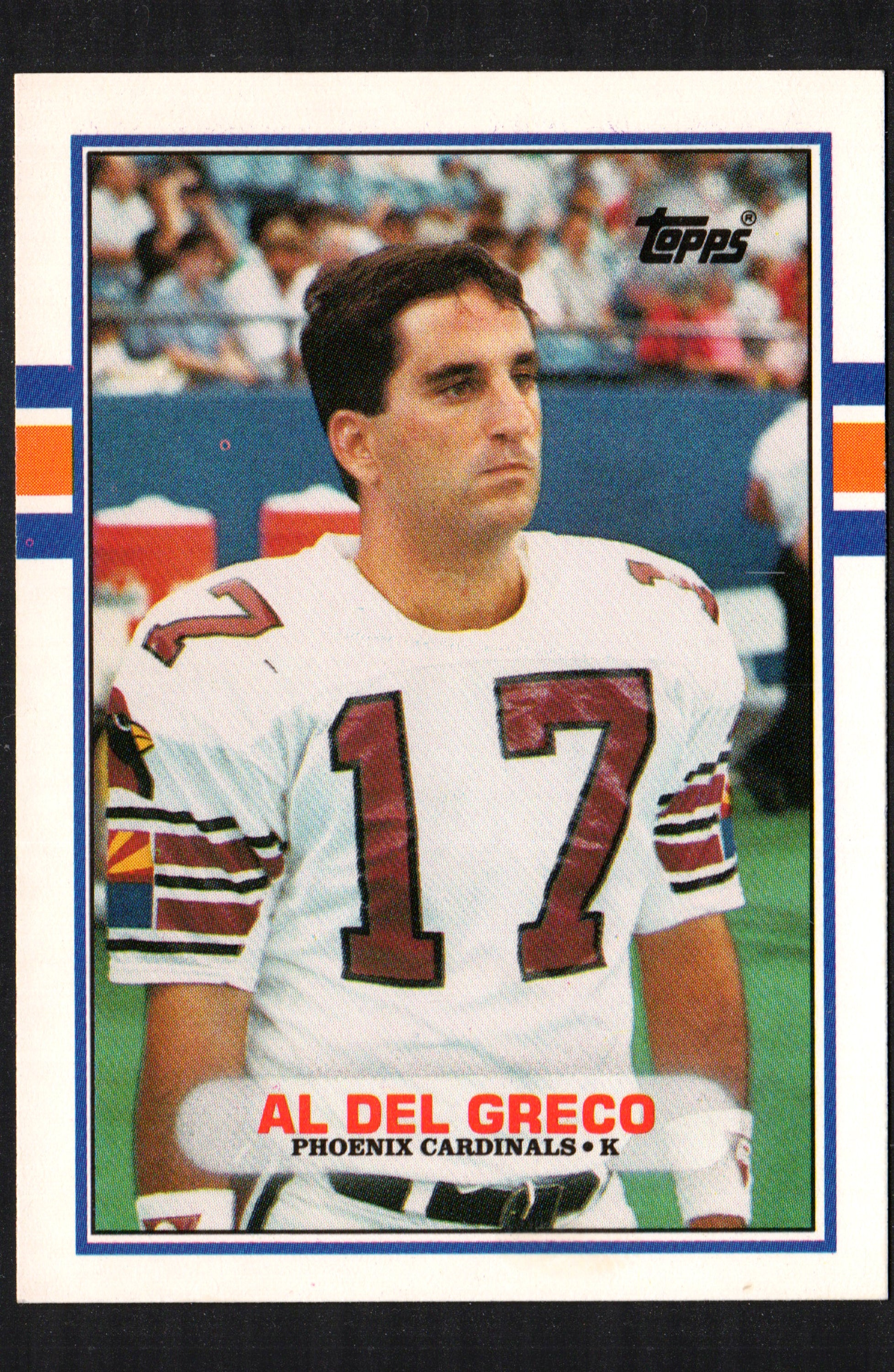 Al Del Greco Phoenix Cardinals #6T trading card from 1989 Topps, featuring a clear image of the player in vibrant colors.