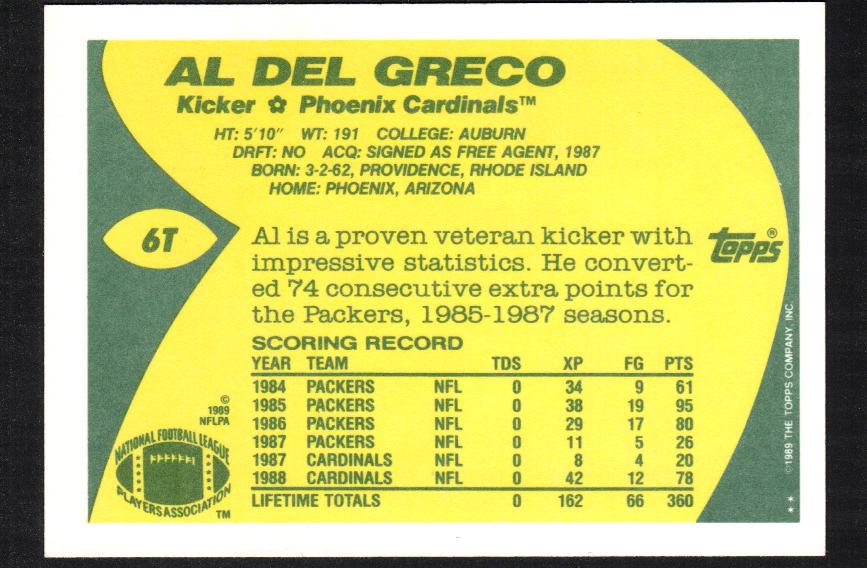 Al Del Greco Phoenix Cardinals #6T trading card from 1989 Topps, featuring a clear image of the player in vibrant colors.