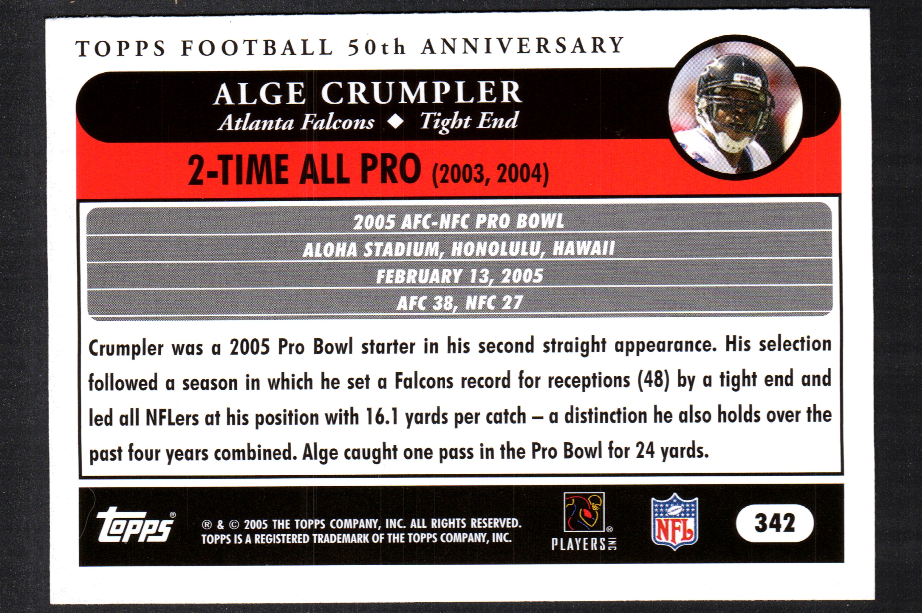 Alge Crumpler Atlanta Falcons #342 trading card from 2005 Topps, featuring vibrant colors and detailed player information.