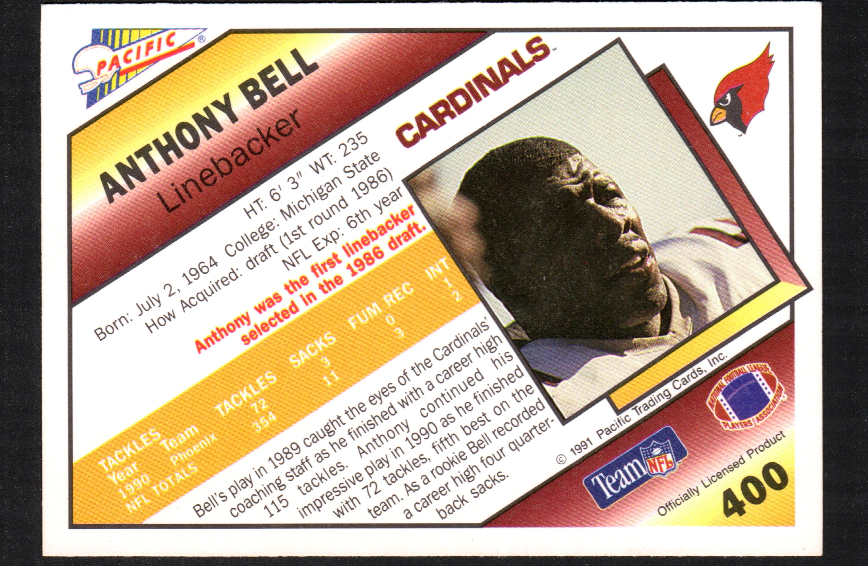 Anthony Bell trading card from the 1991 Pacific set featuring the Phoenix Cardinals, card number 400.