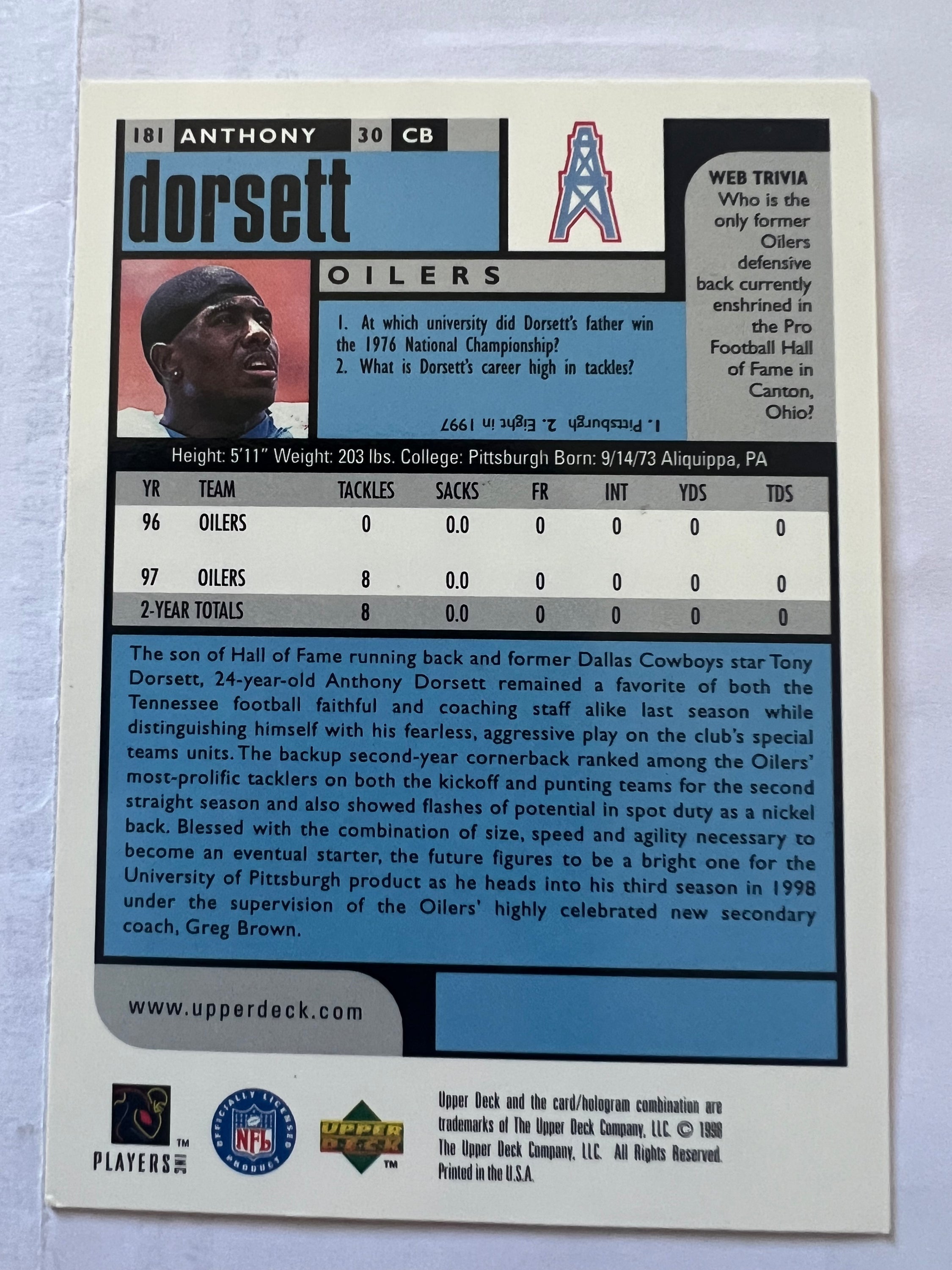 1998 Upper Deck UD Choice trading card featuring Anthony Dorsett in Tennessee Oilers uniform, card number 181.