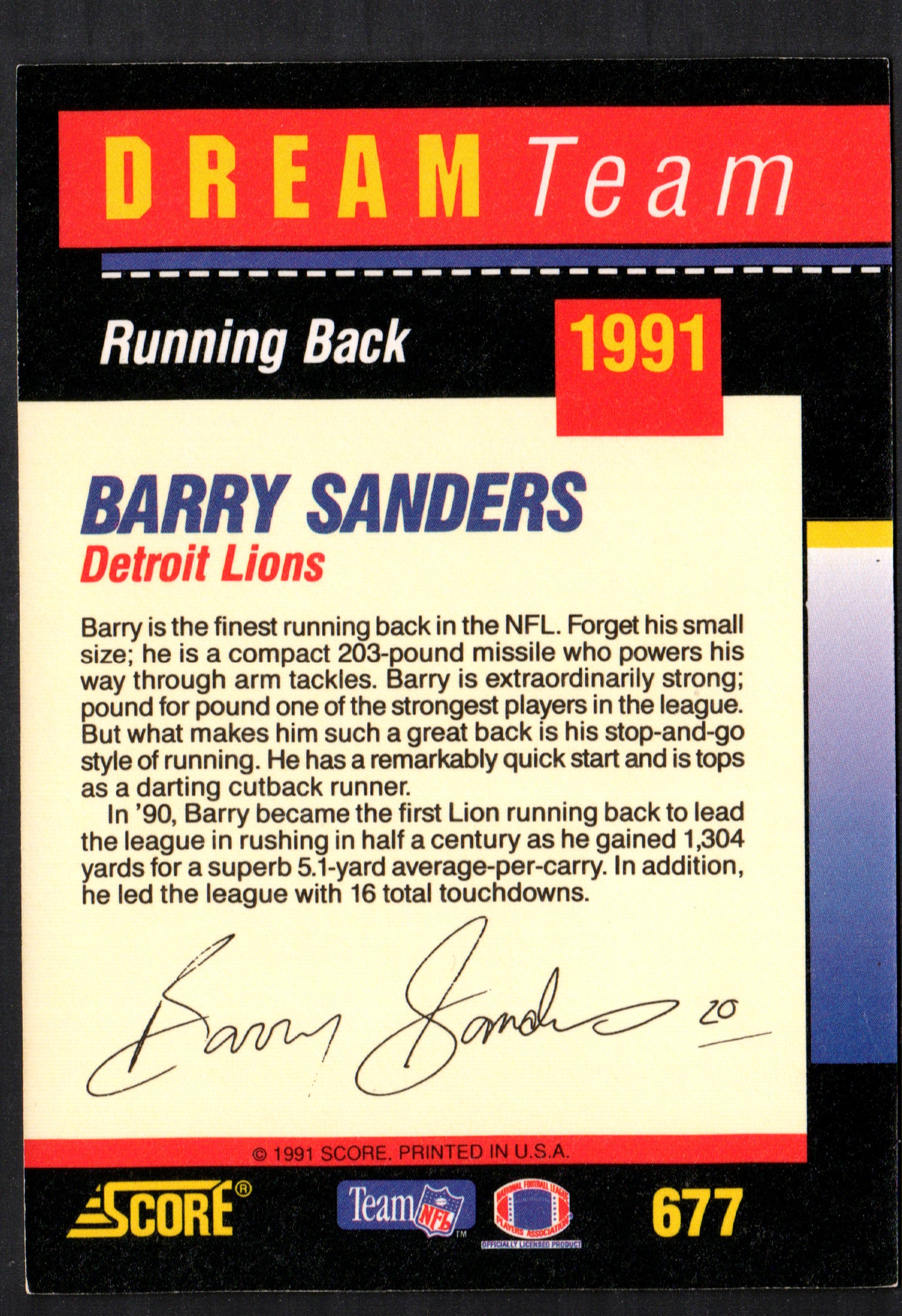 Barry Sanders Detroit Lions #677 trading card from 1991 Score, featuring vibrant colors and iconic design.