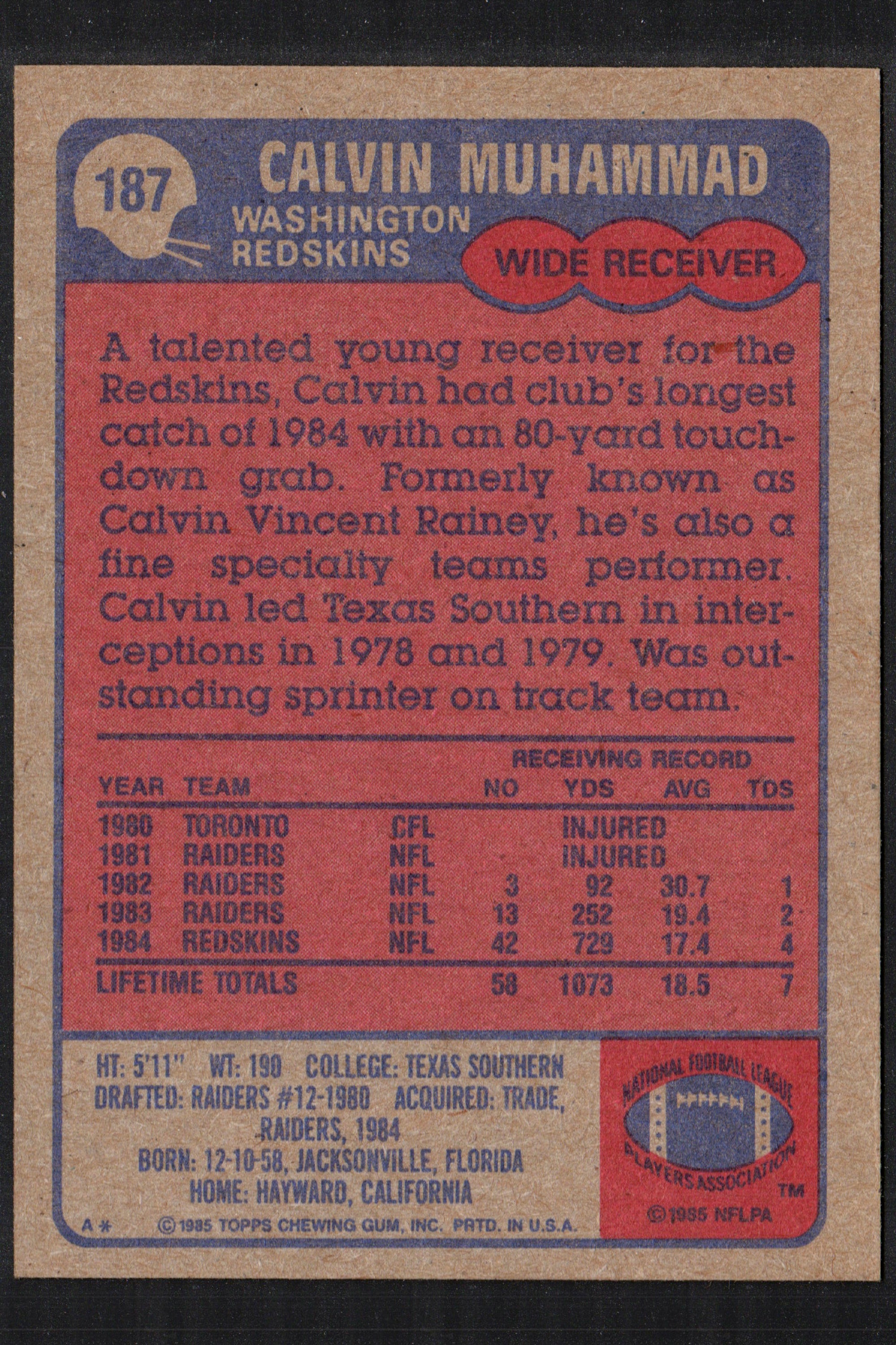 1985 Topps trading card featuring Calvin Muhammad of the Washington Redskins, showcasing vibrant colors and detailed player information.