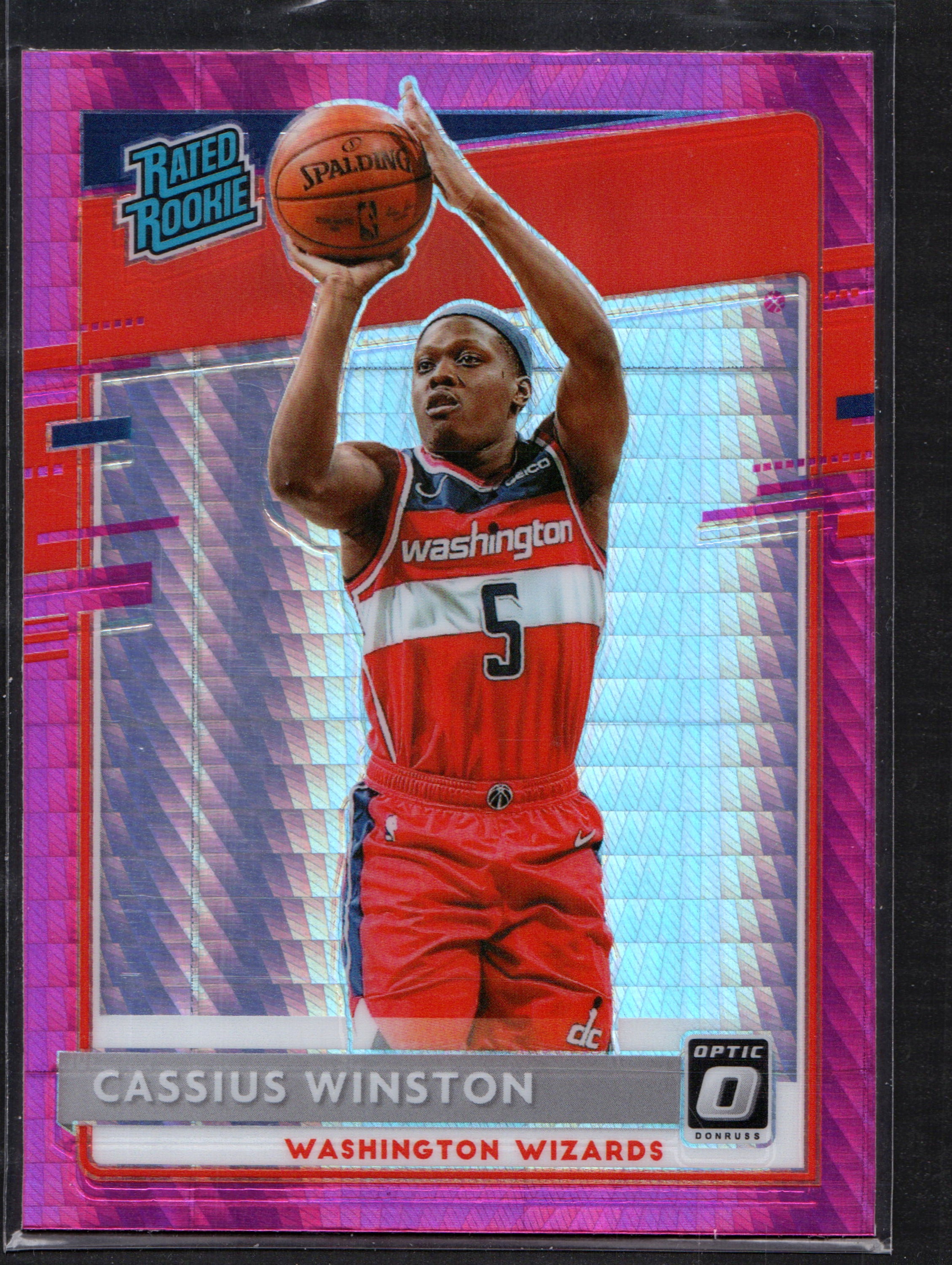 Cassius Winston Washington Wizards #198 Panini Pink trading card featuring vibrant pink design and rookie player image.