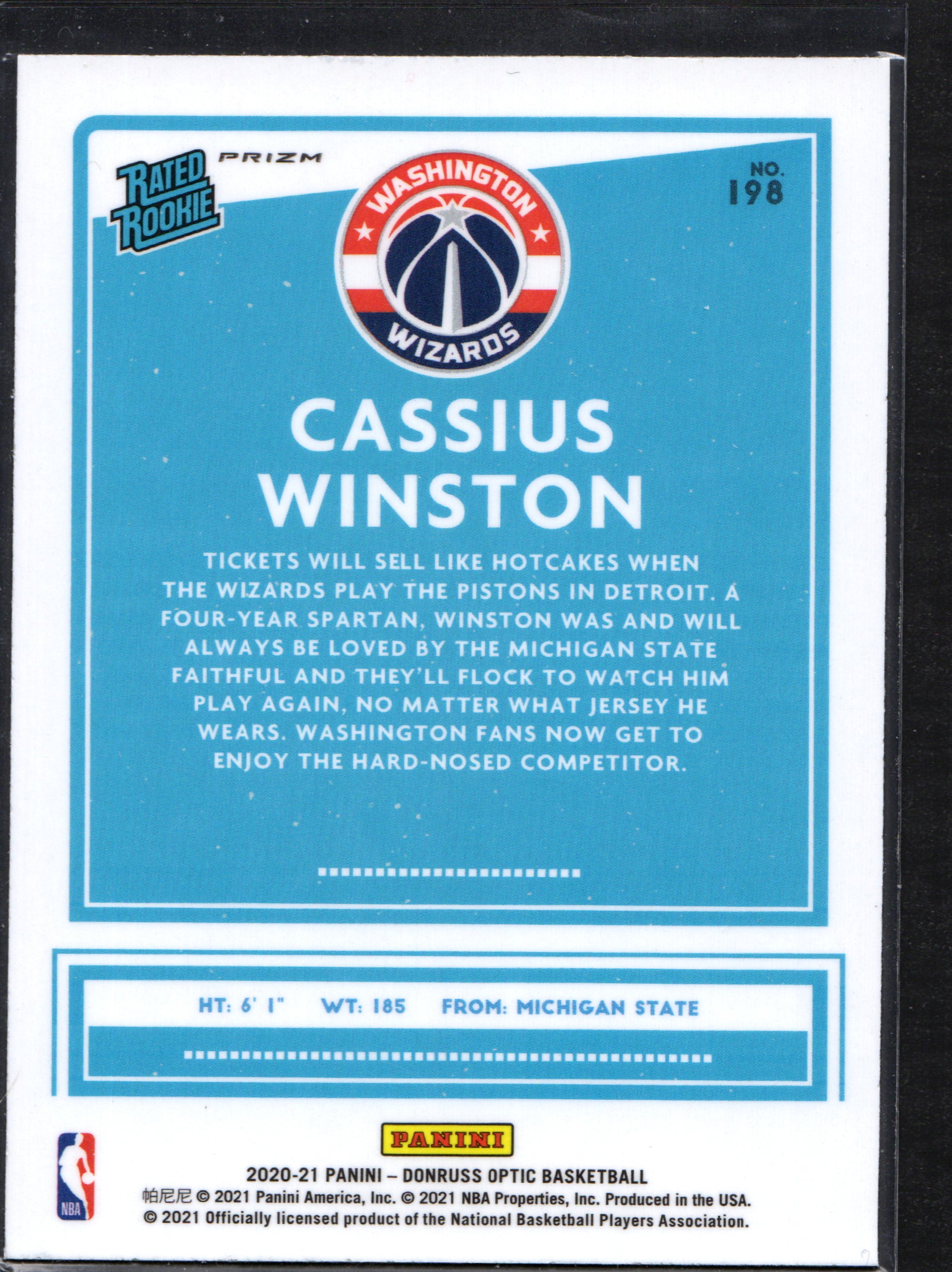 Cassius Winston Washington Wizards #198 Panini Pink trading card featuring vibrant pink design and rookie player image.