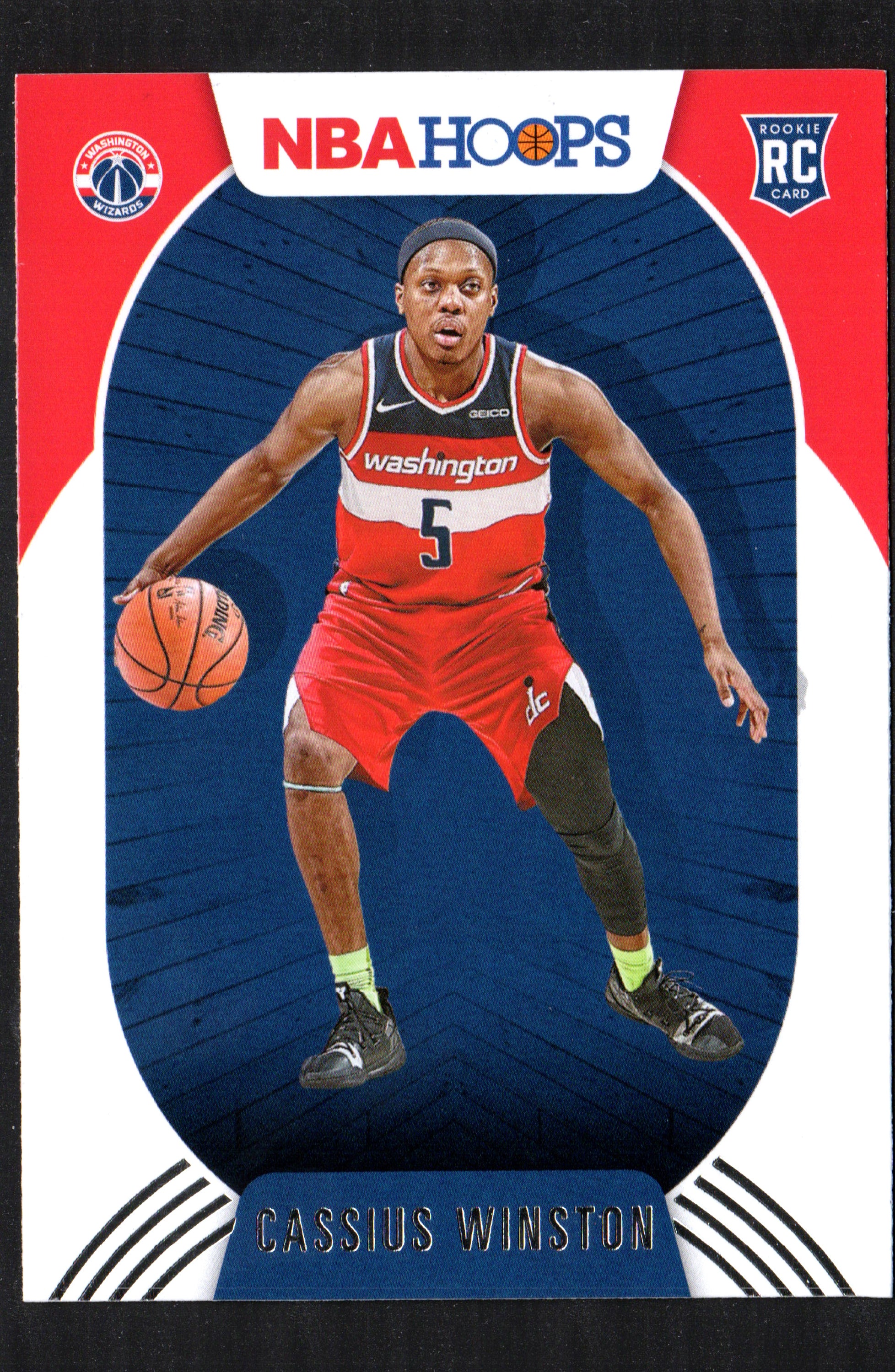 Cassius Winston Washington Wizards #227 trading card from the 2020-21 Panini Hoops set, featuring vibrant colors and rookie player details.