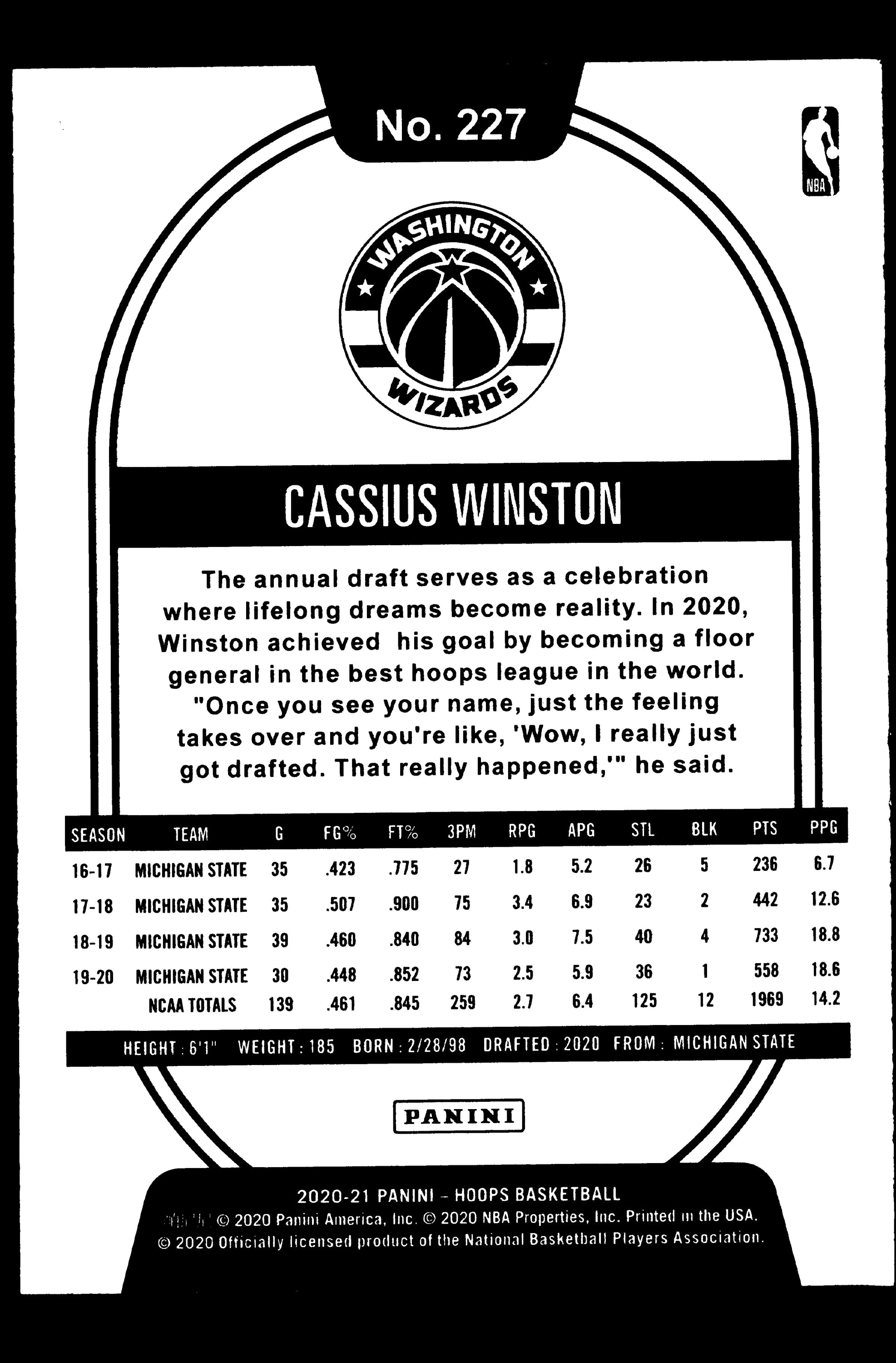 Cassius Winston Washington Wizards #227 trading card from the 2020-21 Panini Hoops set, featuring vibrant colors and rookie player details.