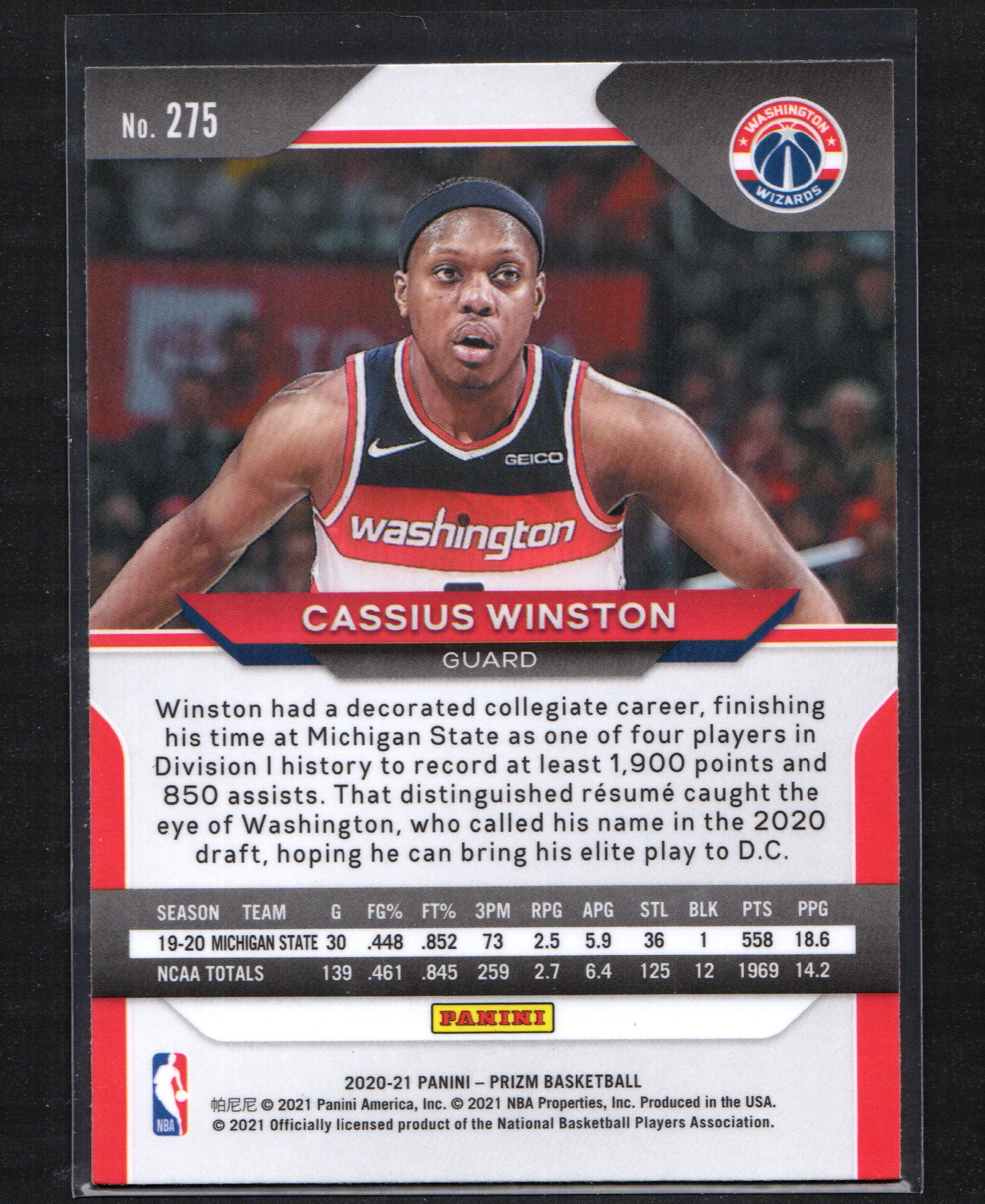 Cassius Winston Washington Wizards #275 trading card from the 2020-21 Panini Prizm Silver series, showcasing a vibrant silver design.