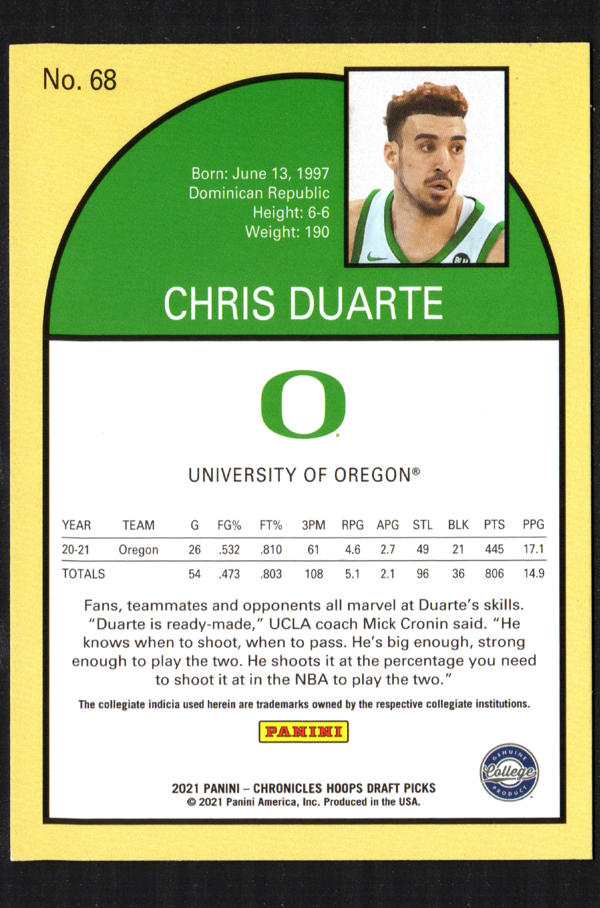 Chris Duarte Oregon Ducks Men's #68 trading card from 2021-22 Panini Chronicles, featuring player details and vibrant design.