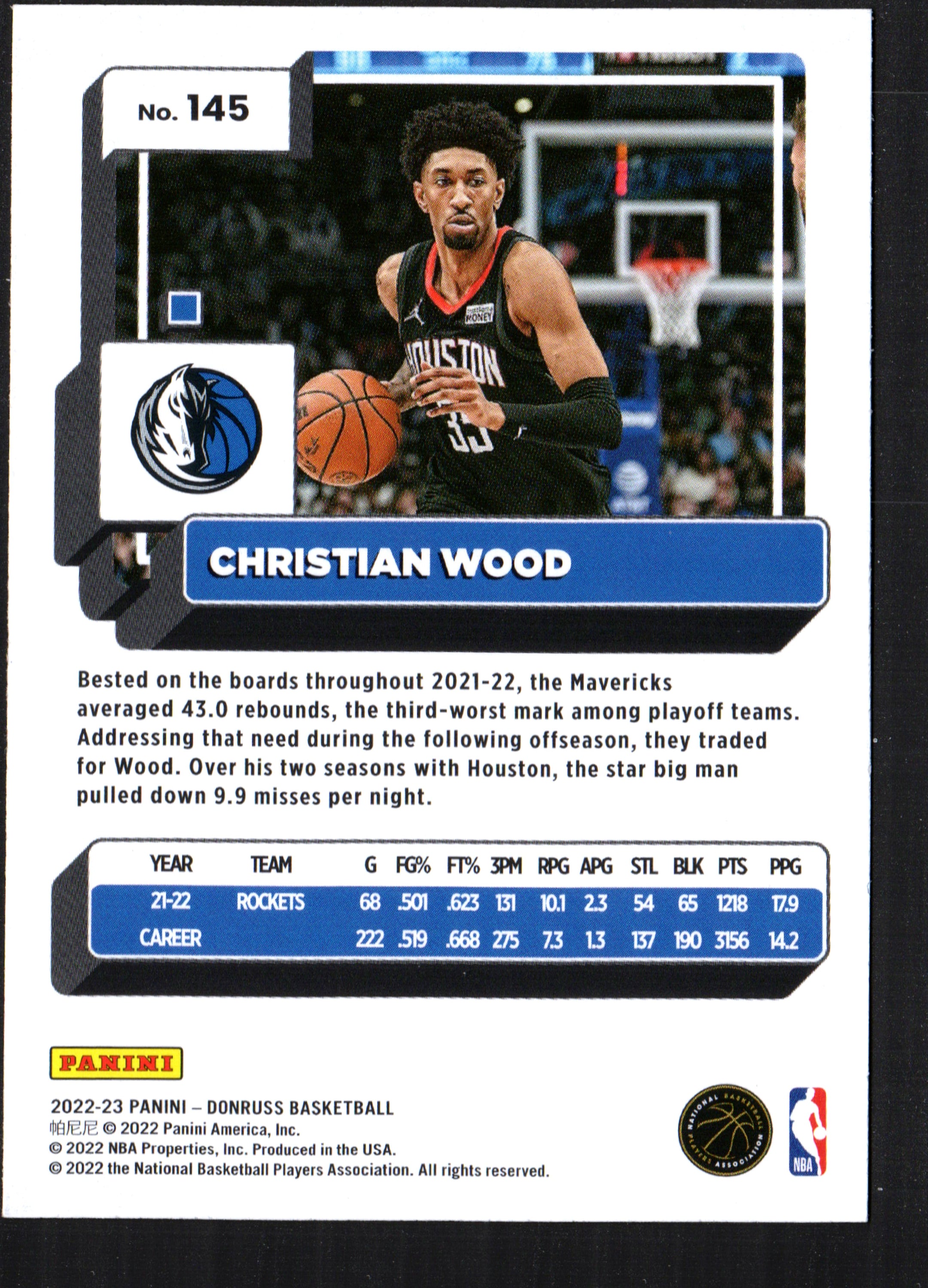 Christian Wood Dallas Mavericks #145 trading card from the 2022-23 Donruss set, featuring vibrant imagery and player details.