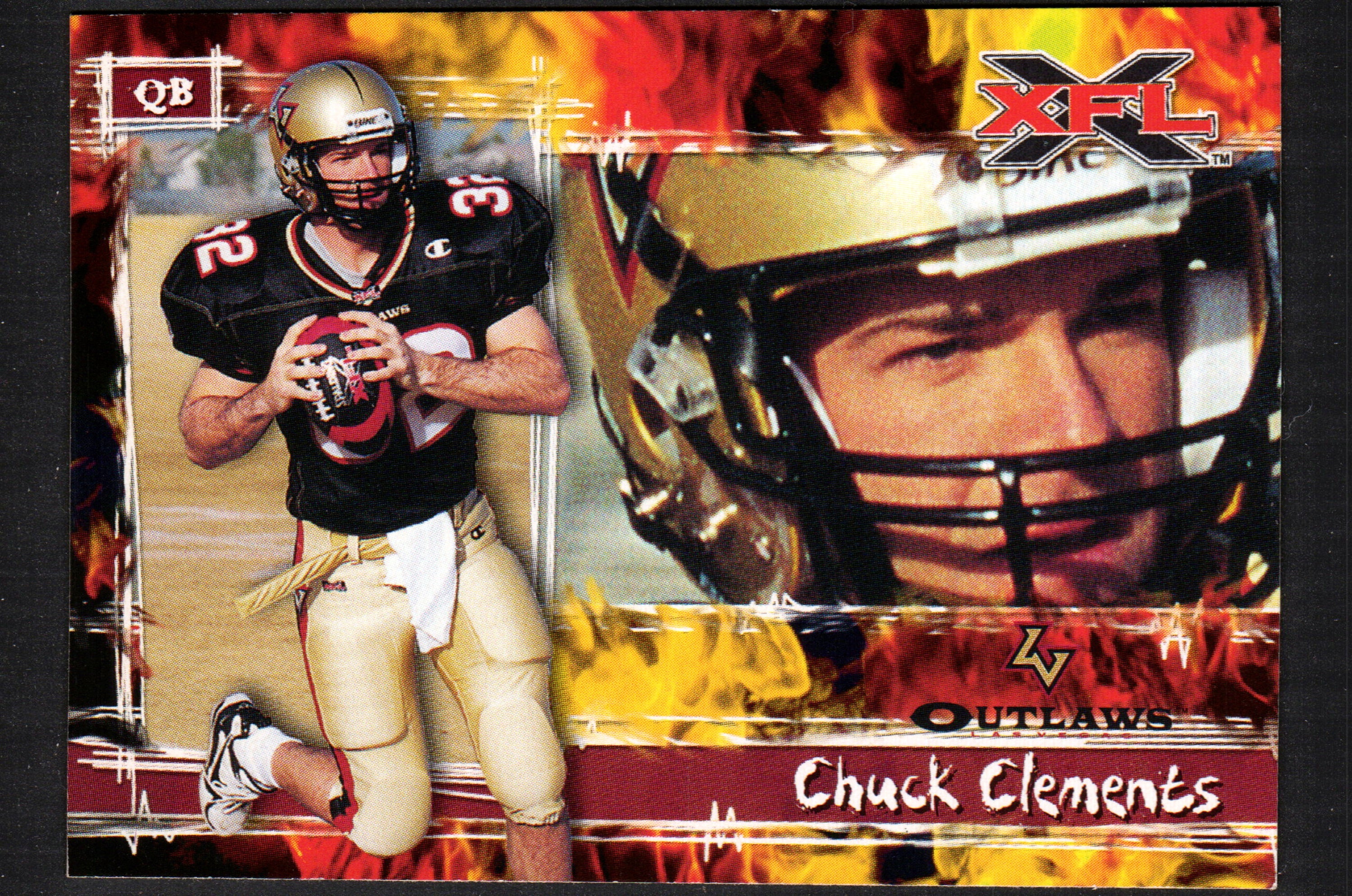 Chuck Clements Las Vegas Outlaws #P5 trading card from the 2001 Topps XFL set, featuring player details and card number.