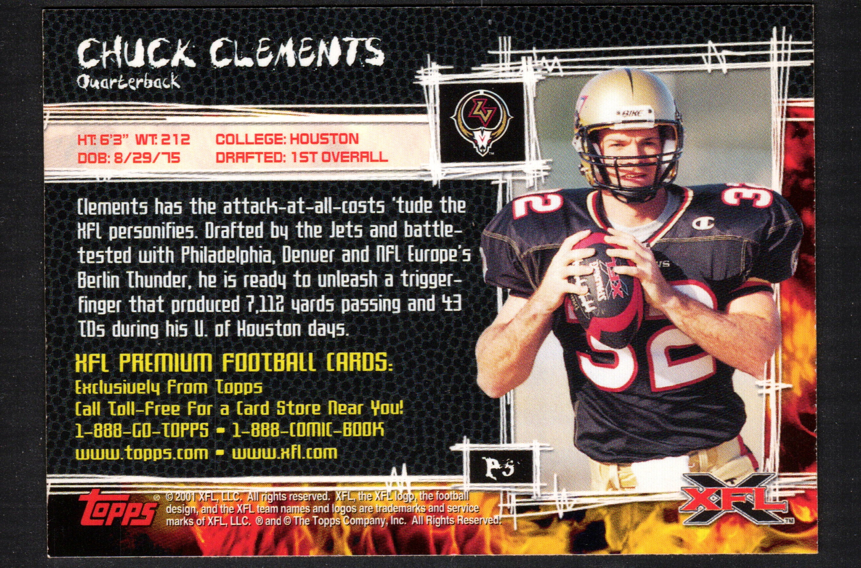 Chuck Clements Las Vegas Outlaws #P5 trading card from the 2001 Topps XFL set, featuring player details and card number.