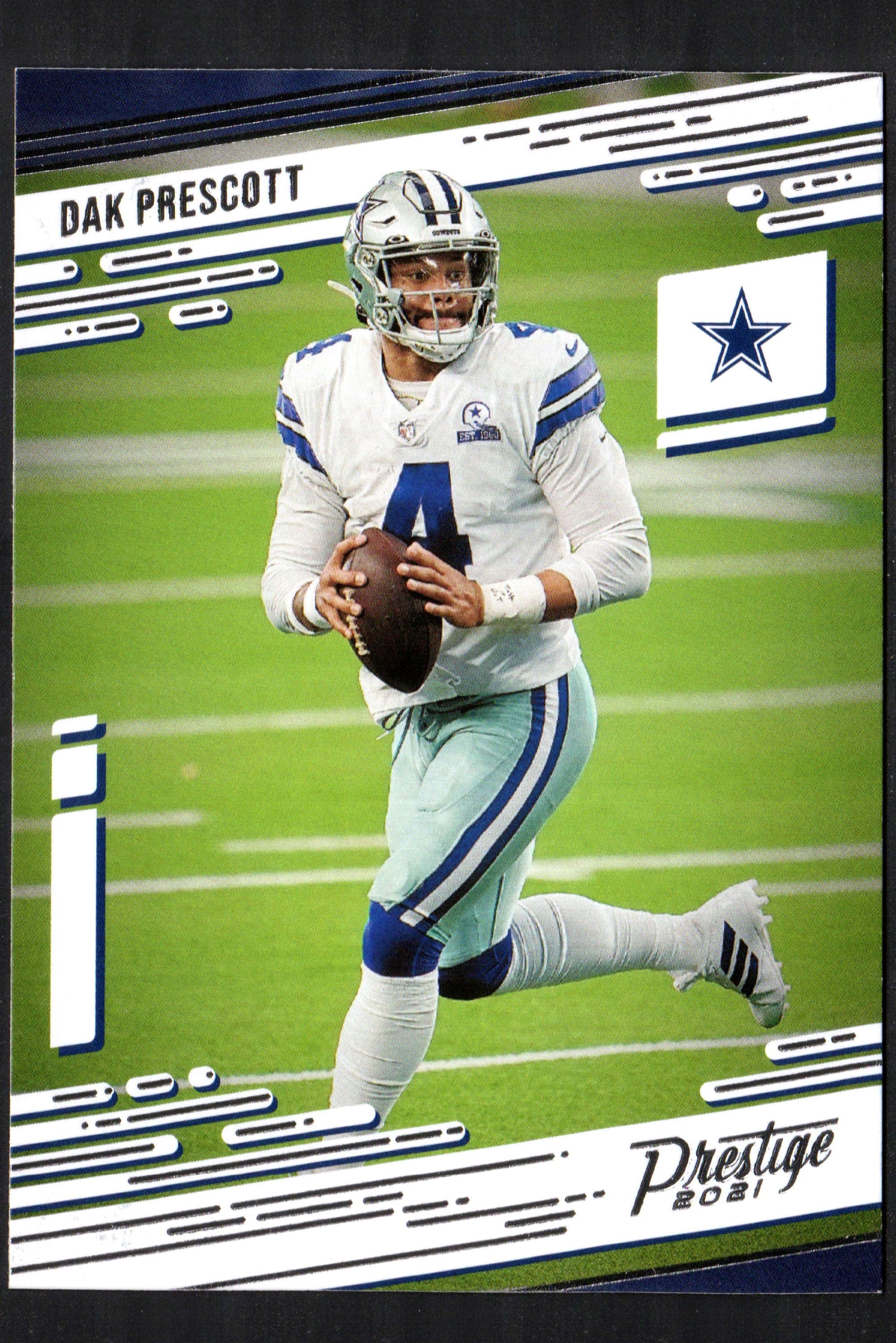 2021 Panini Prestige Dak Prescott Dallas Cowboys #9 trading card featuring the star quarterback in action.