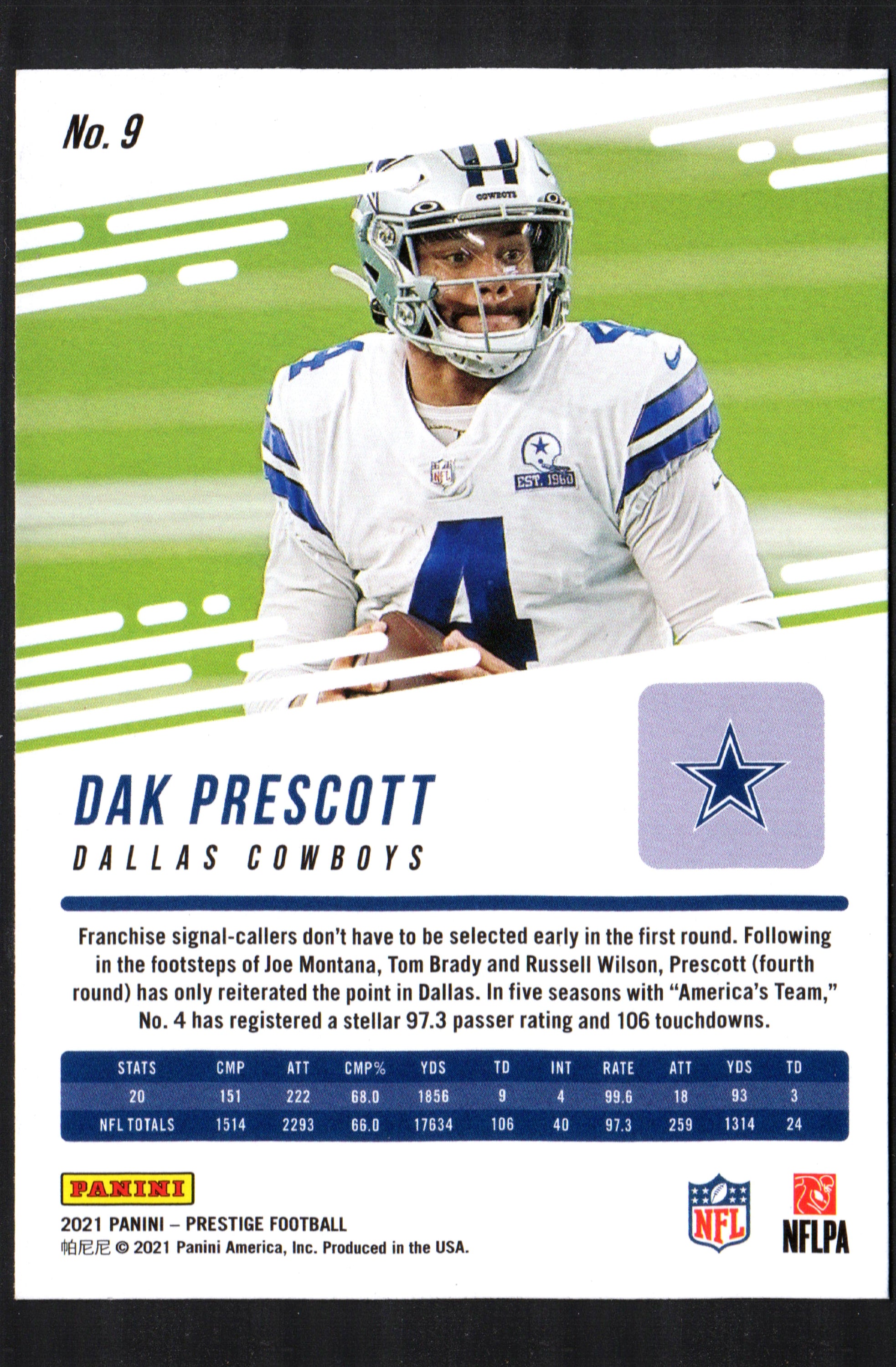 2021 Panini Prestige Dak Prescott Dallas Cowboys #9 trading card featuring the star quarterback in action.