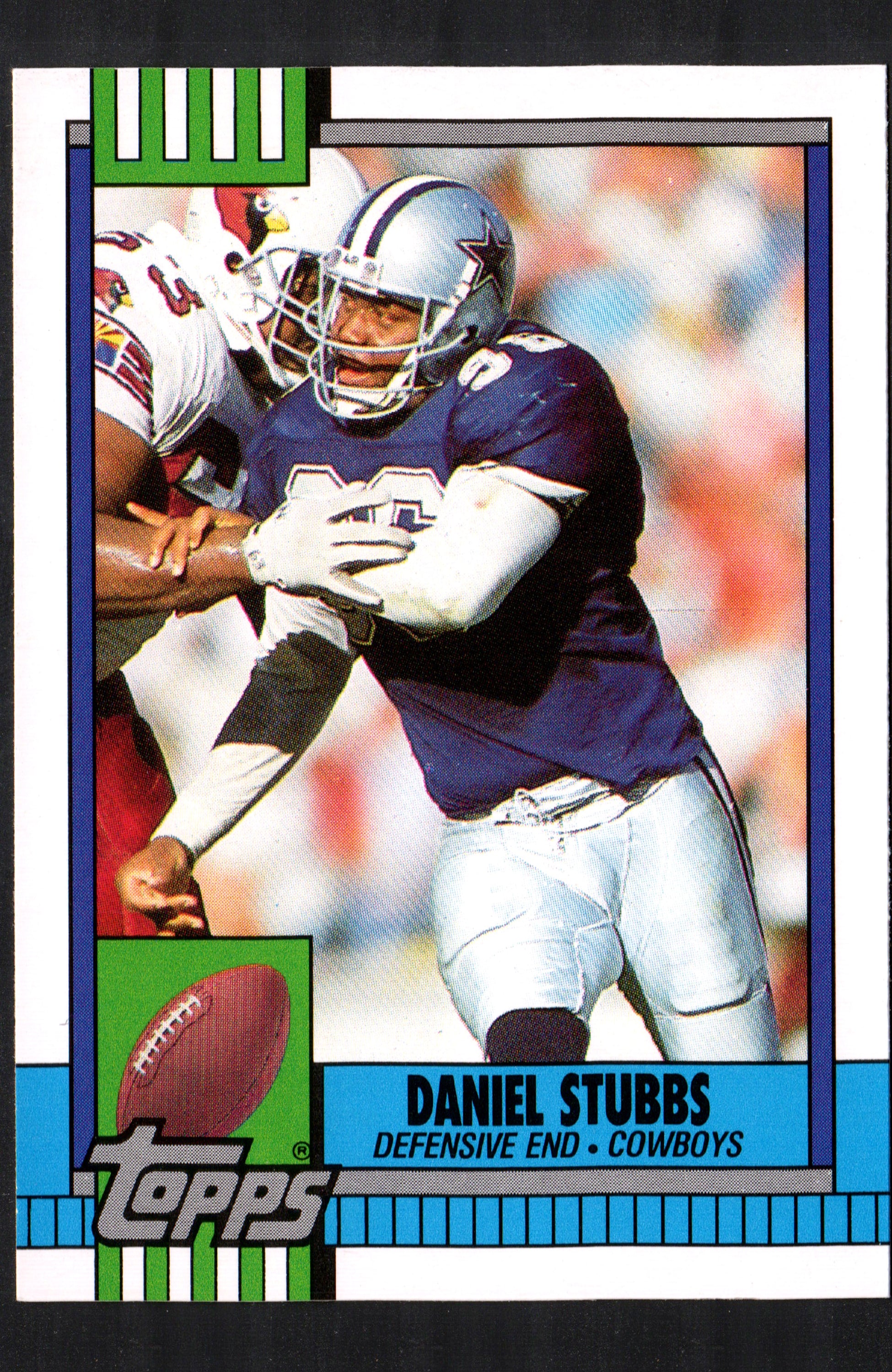 Daniel Stubbs Dallas Cowboys #92T trading card from 1990 Topps featuring a vibrant design and clear image of the player.