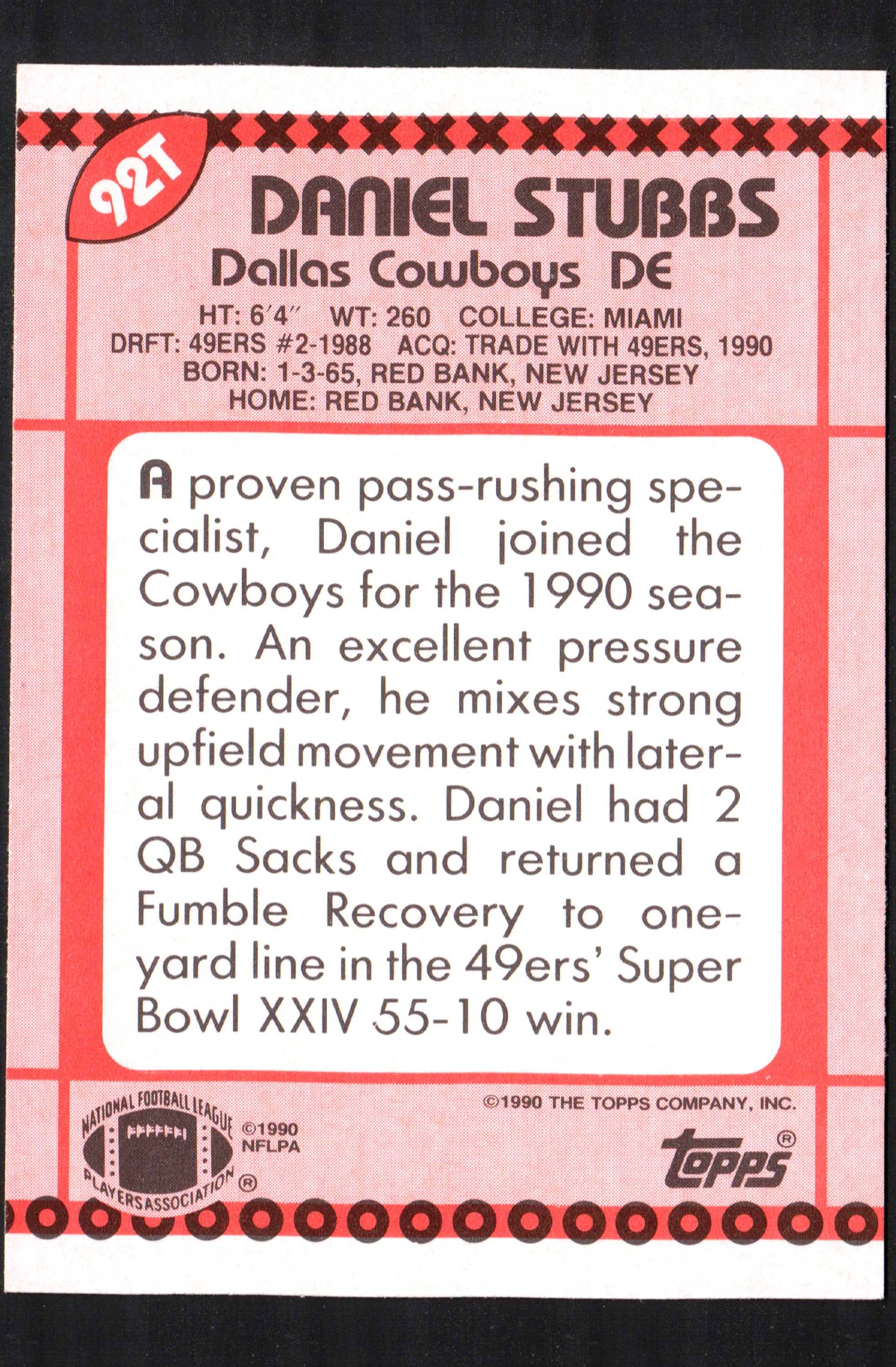 Daniel Stubbs Dallas Cowboys #92T trading card from 1990 Topps featuring a vibrant design and clear image of the player.