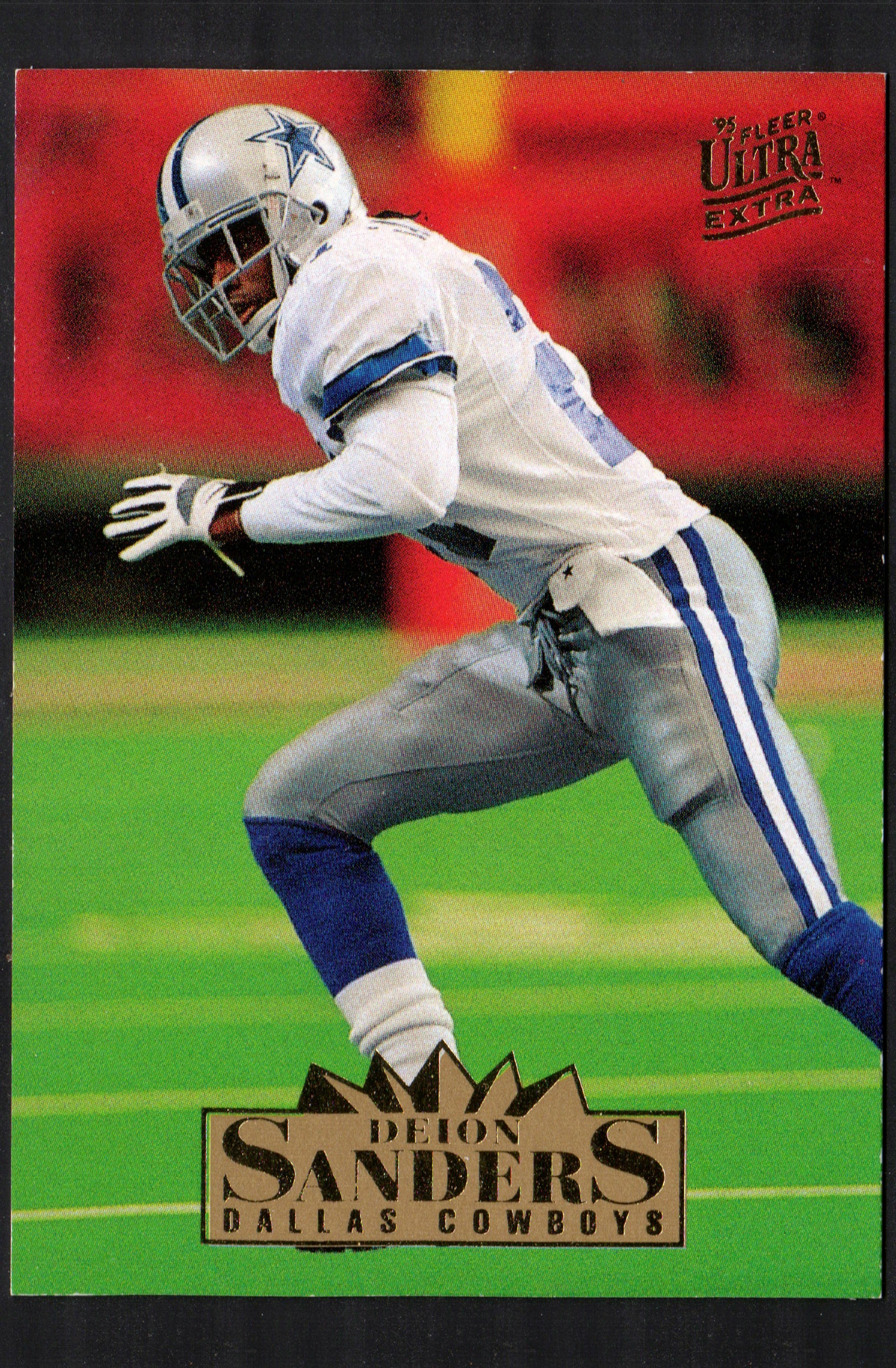 Deion Sanders Dallas Cowboys #365 trading card from 1995 Fleer Ultra, showcasing vibrant colors and high-quality design.