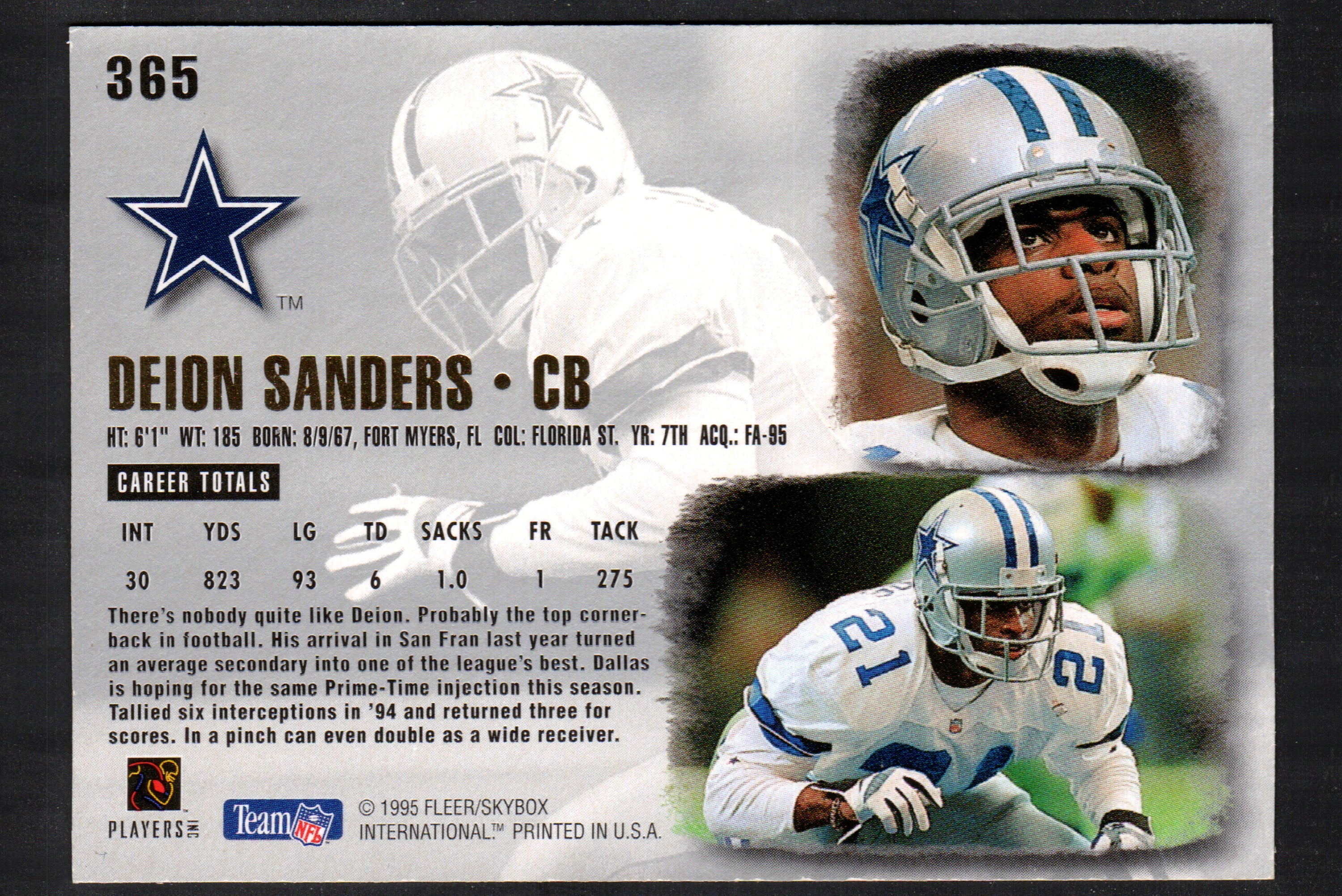 Deion Sanders Dallas Cowboys #365 trading card from 1995 Fleer Ultra, showcasing vibrant colors and high-quality design.