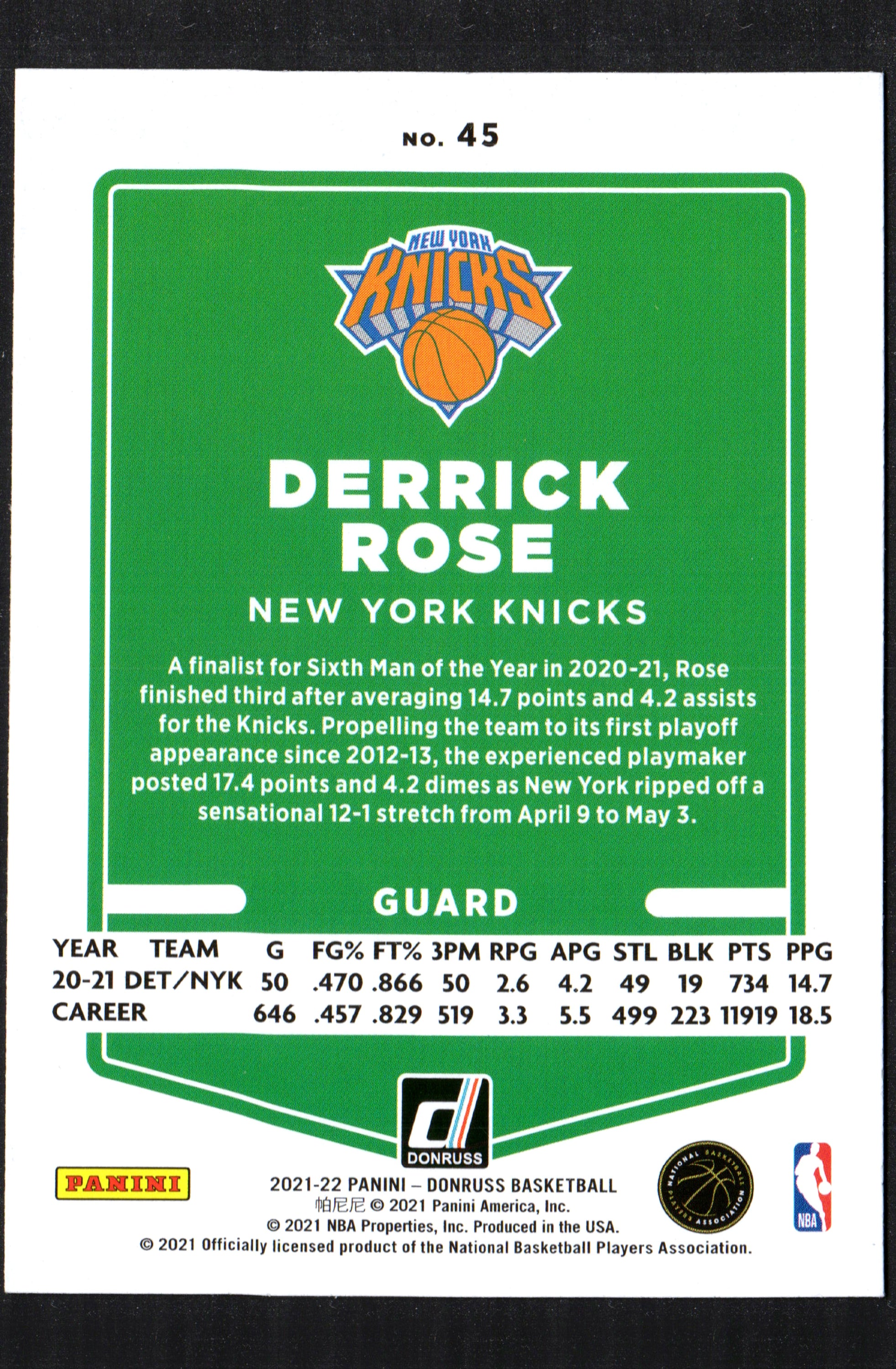 Derrick Rose New York Knicks #45 trading card from the 2021-22 Donruss set, showcasing vibrant colors and high-quality design.