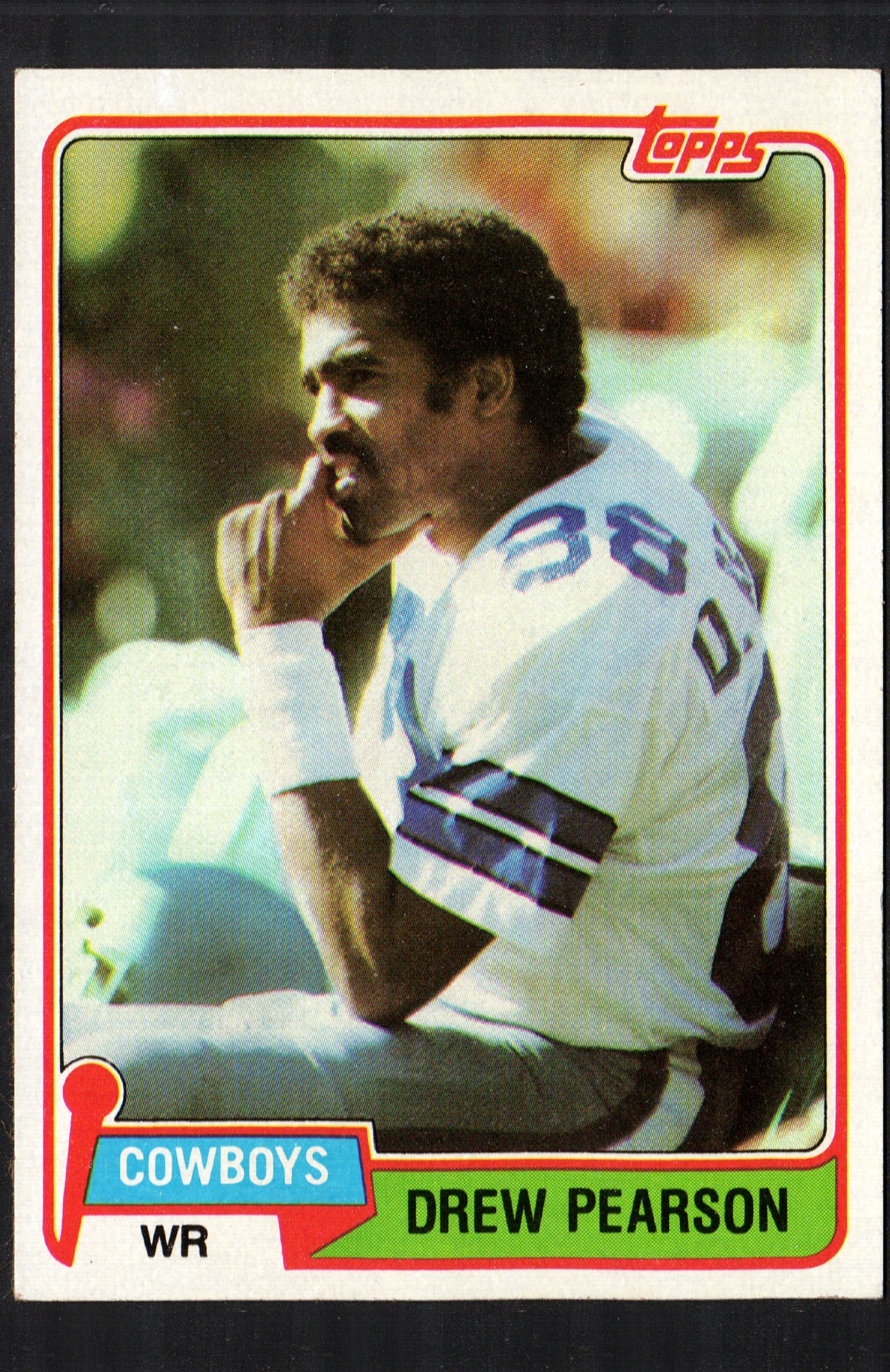 Drew Pearson Dallas Cowboys #95 trading card from 1981 Topps, featuring Pearson in his football uniform.