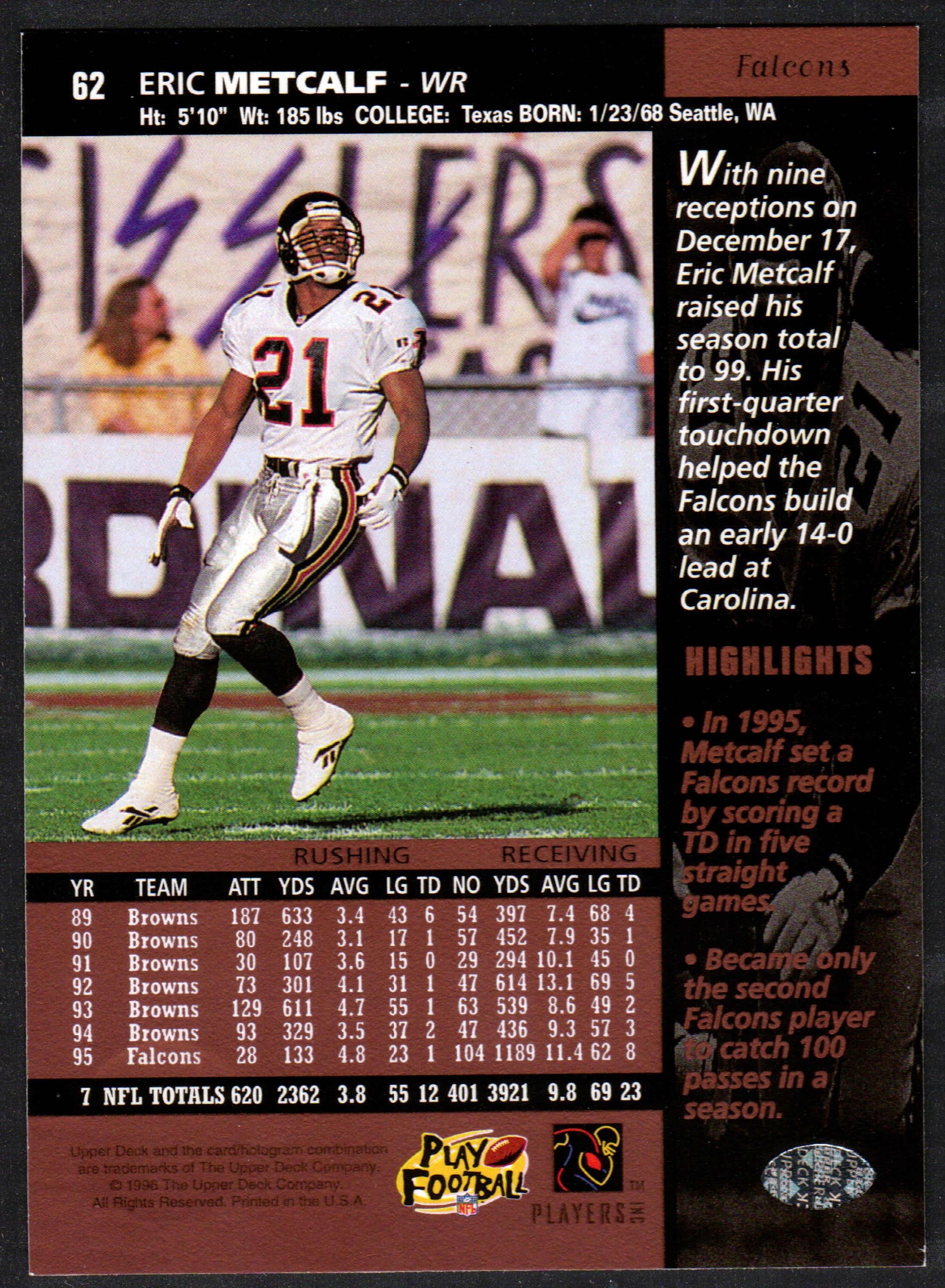 1996 Upper Deck trading card featuring Eric Metcalf in Atlanta Falcons uniform, card number 62.