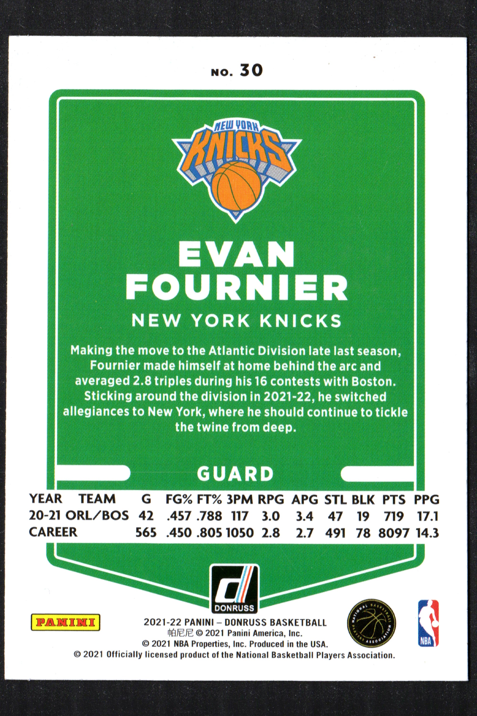 Evan Fournier New York Knicks #30 trading card from the 2021-22 Donruss set, showcasing Fournier in his Knicks uniform.