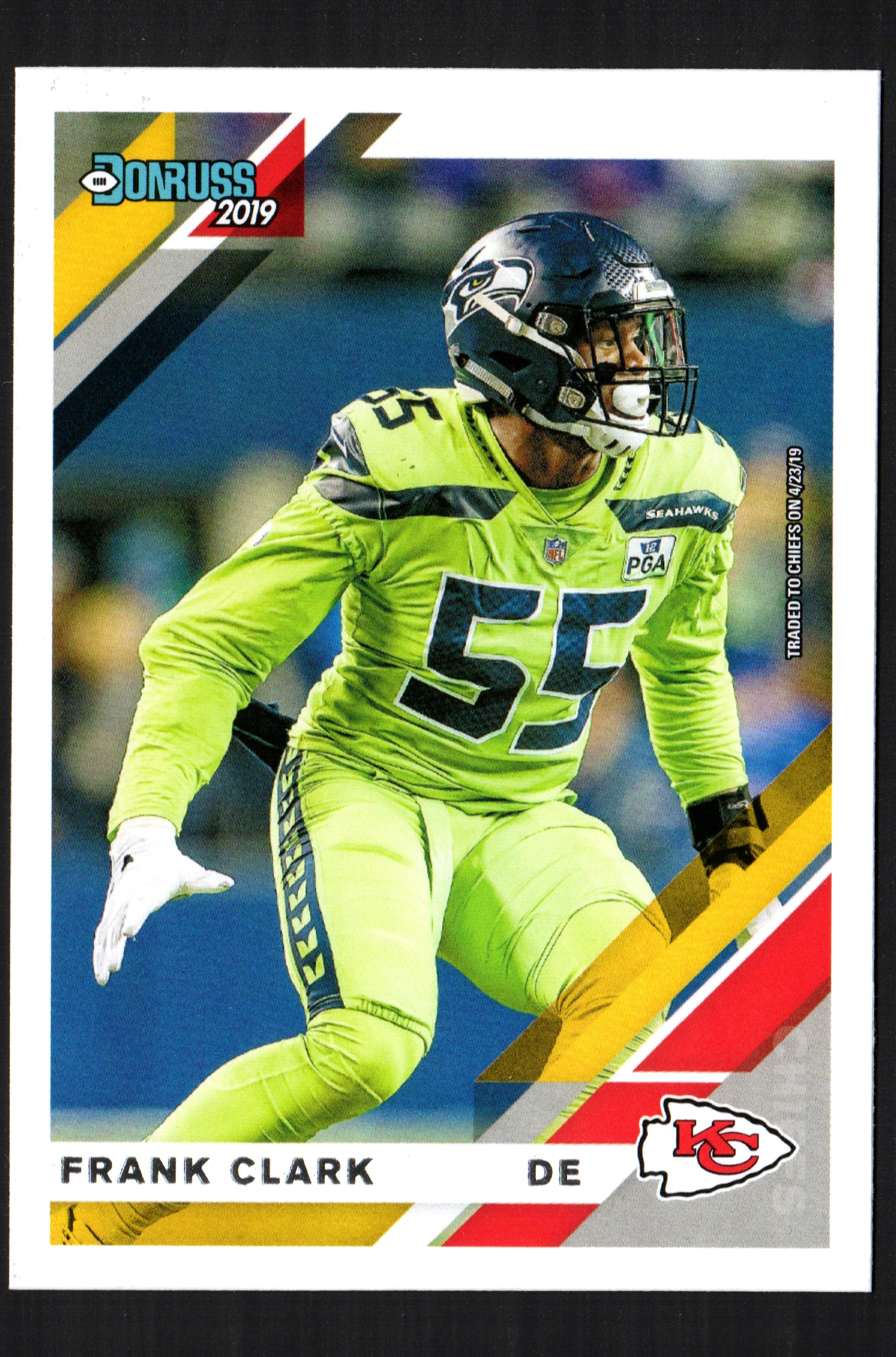 Frank Clark Kansas City Chiefs #232 trading card from 2019 Donruss, featuring vibrant colors and detailed player image.