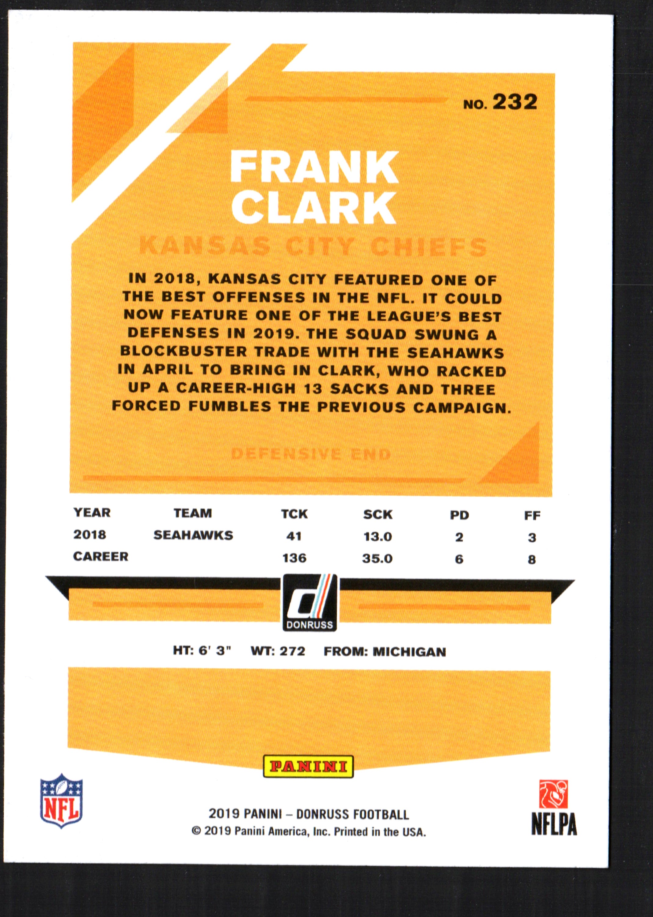 Frank Clark Kansas City Chiefs #232 trading card from 2019 Donruss, featuring vibrant colors and detailed player image.