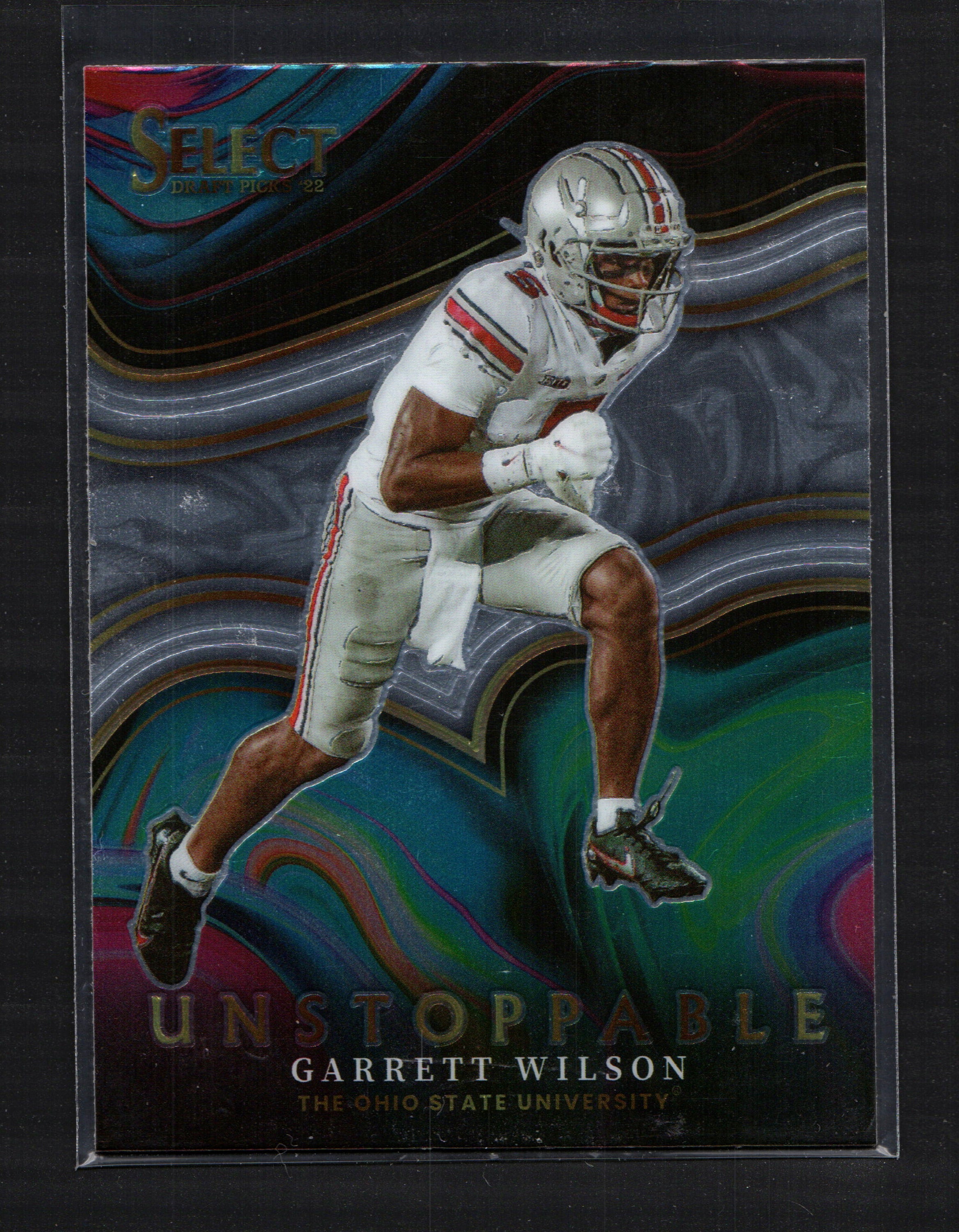 Garrett Wilson Ohio State Buckeyes trading card from 2022 Select Draft Picks, featuring a vibrant design and Unstoppable Silver Prizm parallel.