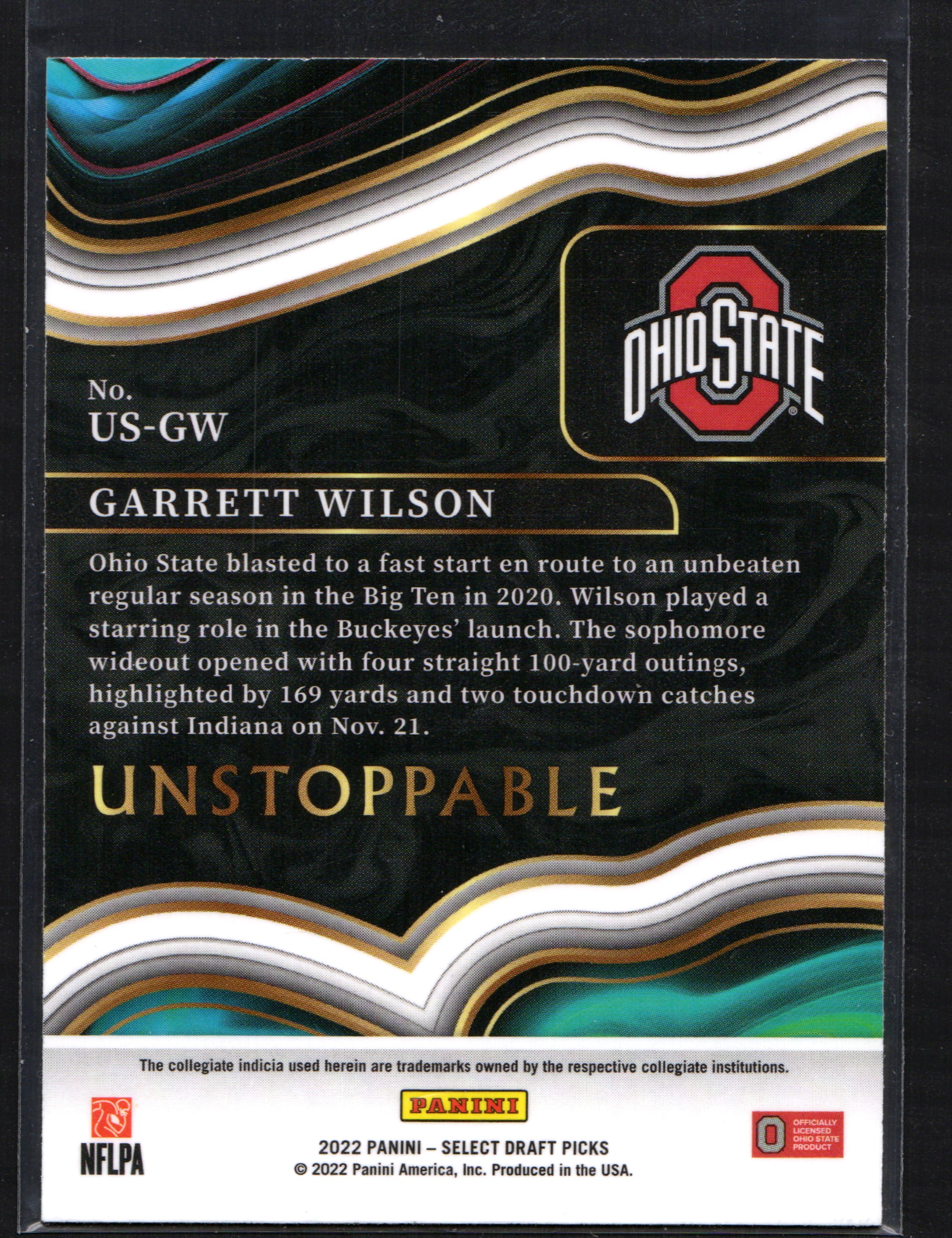 Garrett Wilson Ohio State Buckeyes trading card from 2022 Select Draft Picks, featuring a vibrant design and Unstoppable Silver Prizm parallel.