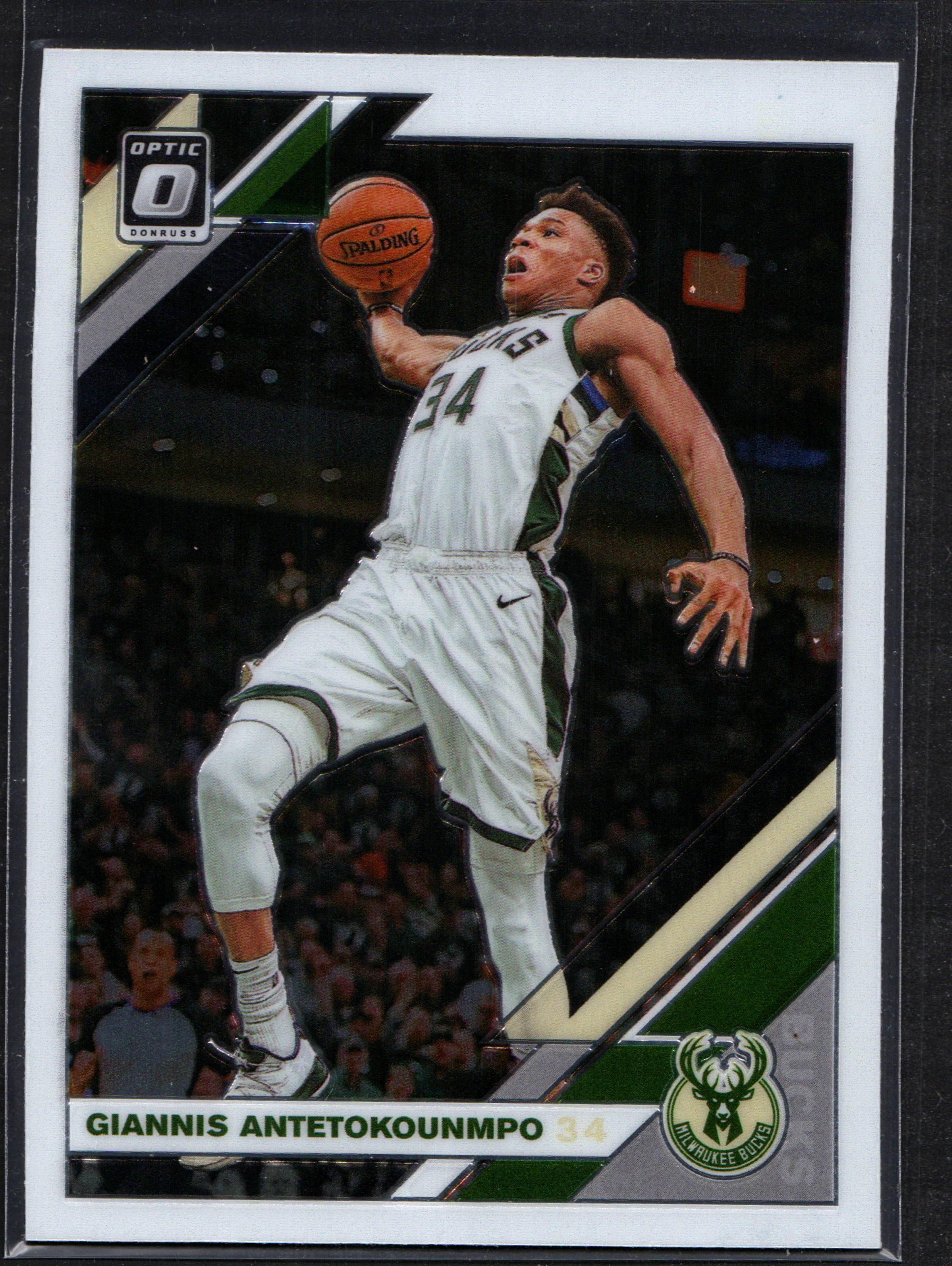 Giannis Antetokounmpo Milwaukee Bucks #81 trading card from the 2019-20 Donruss set, featuring vibrant colors and Holo Prizm design.