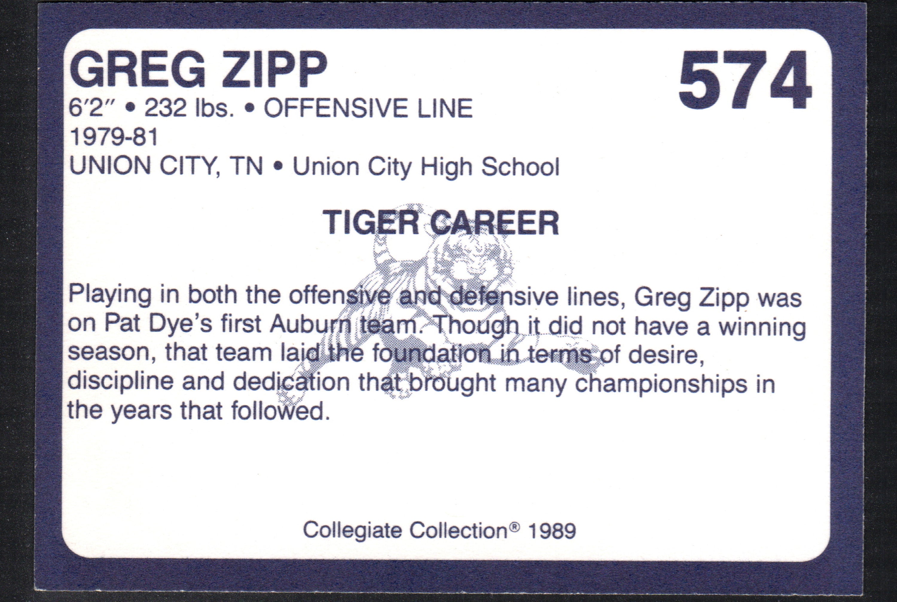 Greg Zipp Auburn Tigers #547 trading card from 1989 Collegiate Collection, featuring a detailed image of the player.