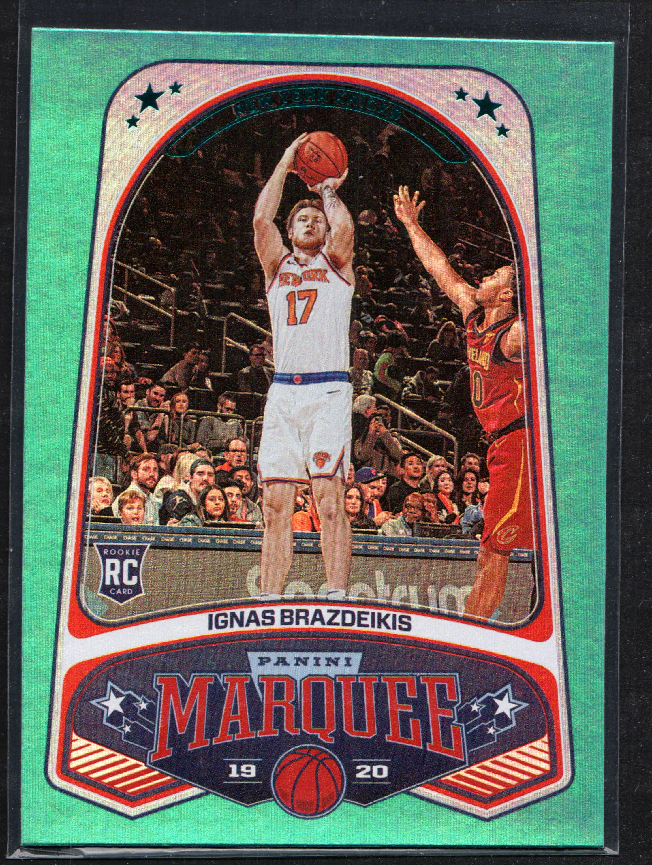 Ignas Brazdeikis New York Knicks #258 trading card from 2019-20 Panini set, featuring a green parallel design.