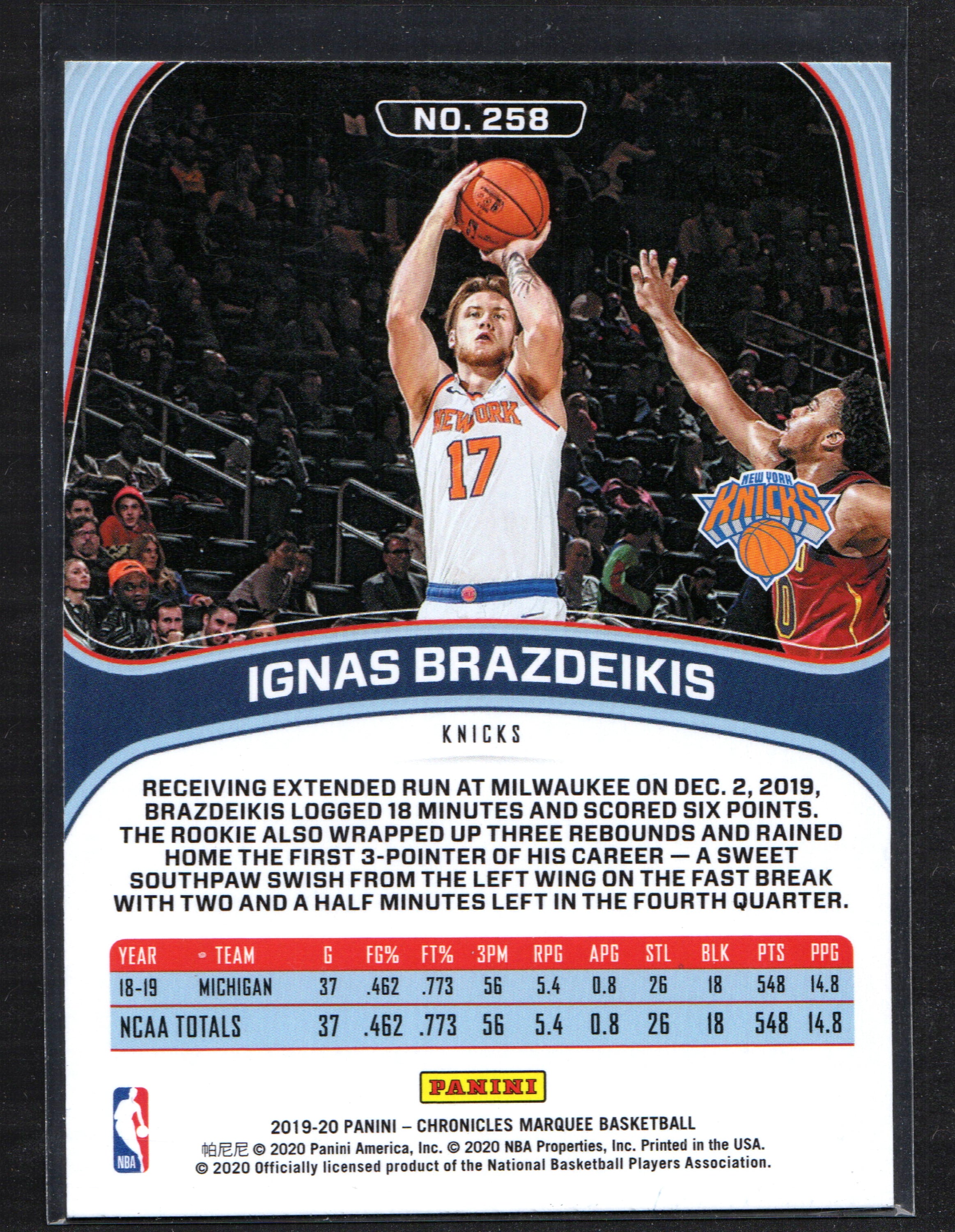 Ignas Brazdeikis New York Knicks #258 trading card from 2019-20 Panini set, featuring a green parallel design.