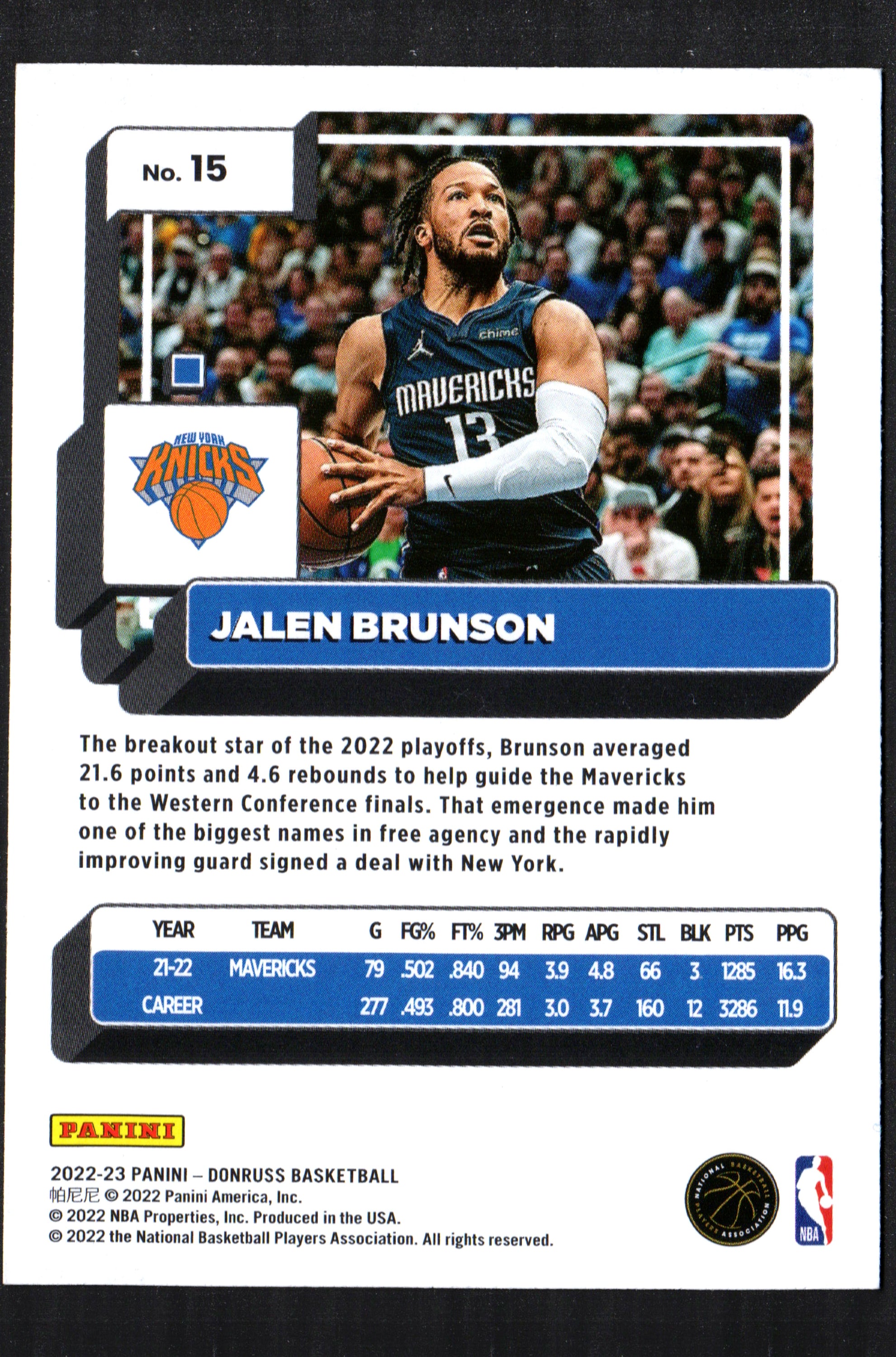 Jalen Brunson New York Knicks #15 trading card from the 2022-23 Donruss set, featuring a high-quality image of Brunson in his uniform.