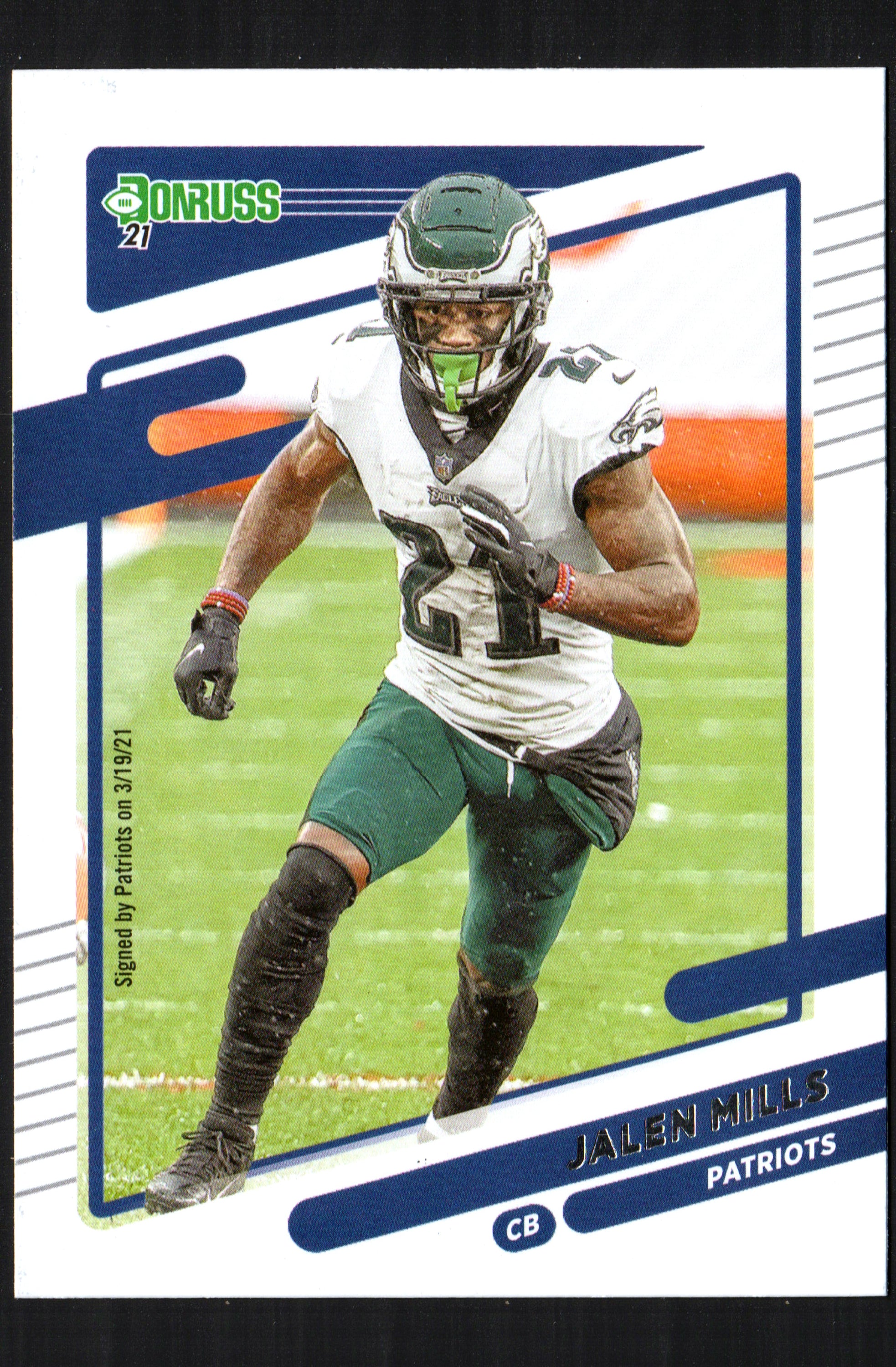 Jalen Mills New England Patriots #113 trading card from the 2021 Donruss set, featuring vibrant imagery and player details.