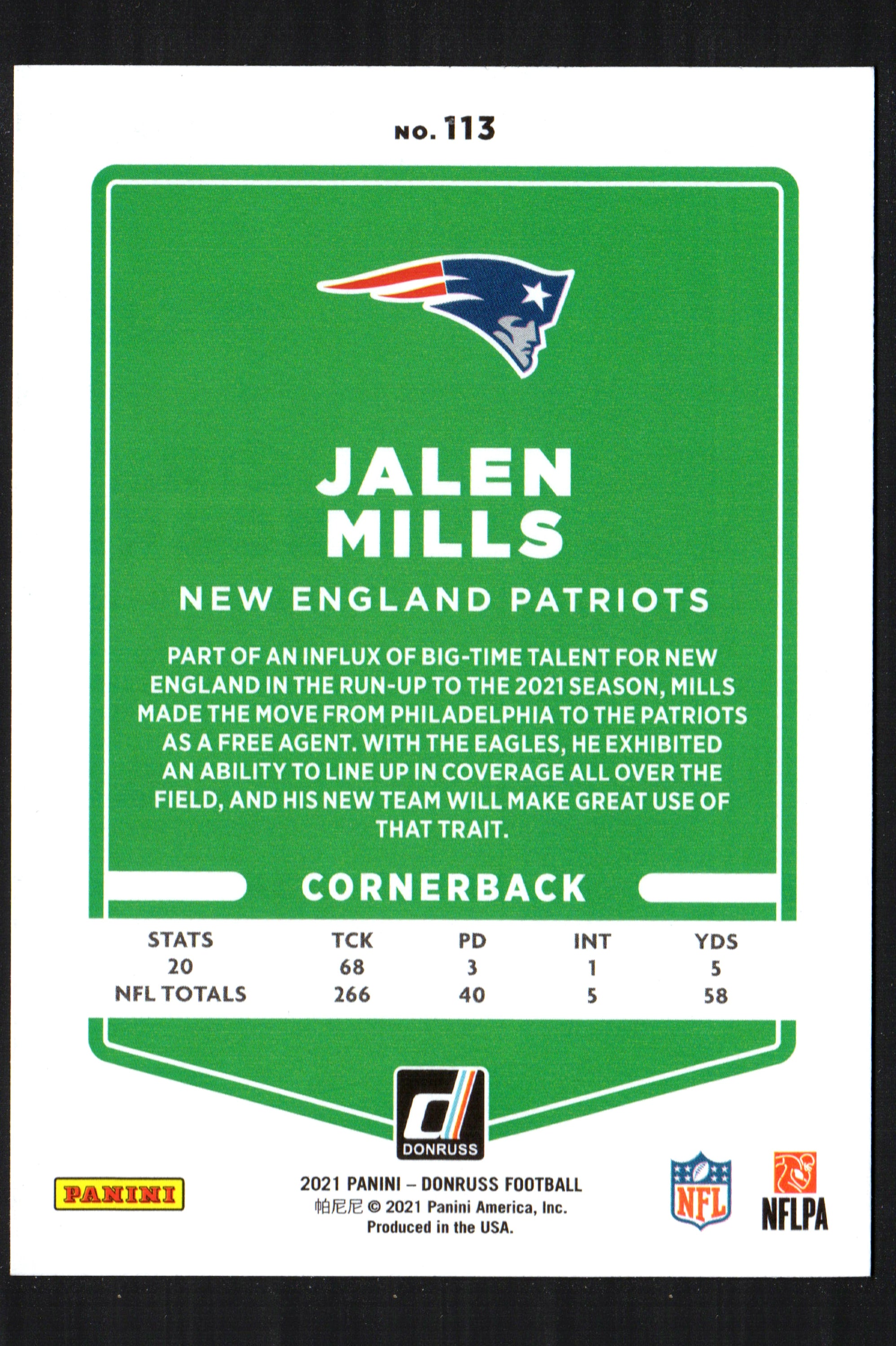 Jalen Mills New England Patriots #113 trading card from the 2021 Donruss set, featuring vibrant imagery and player details.