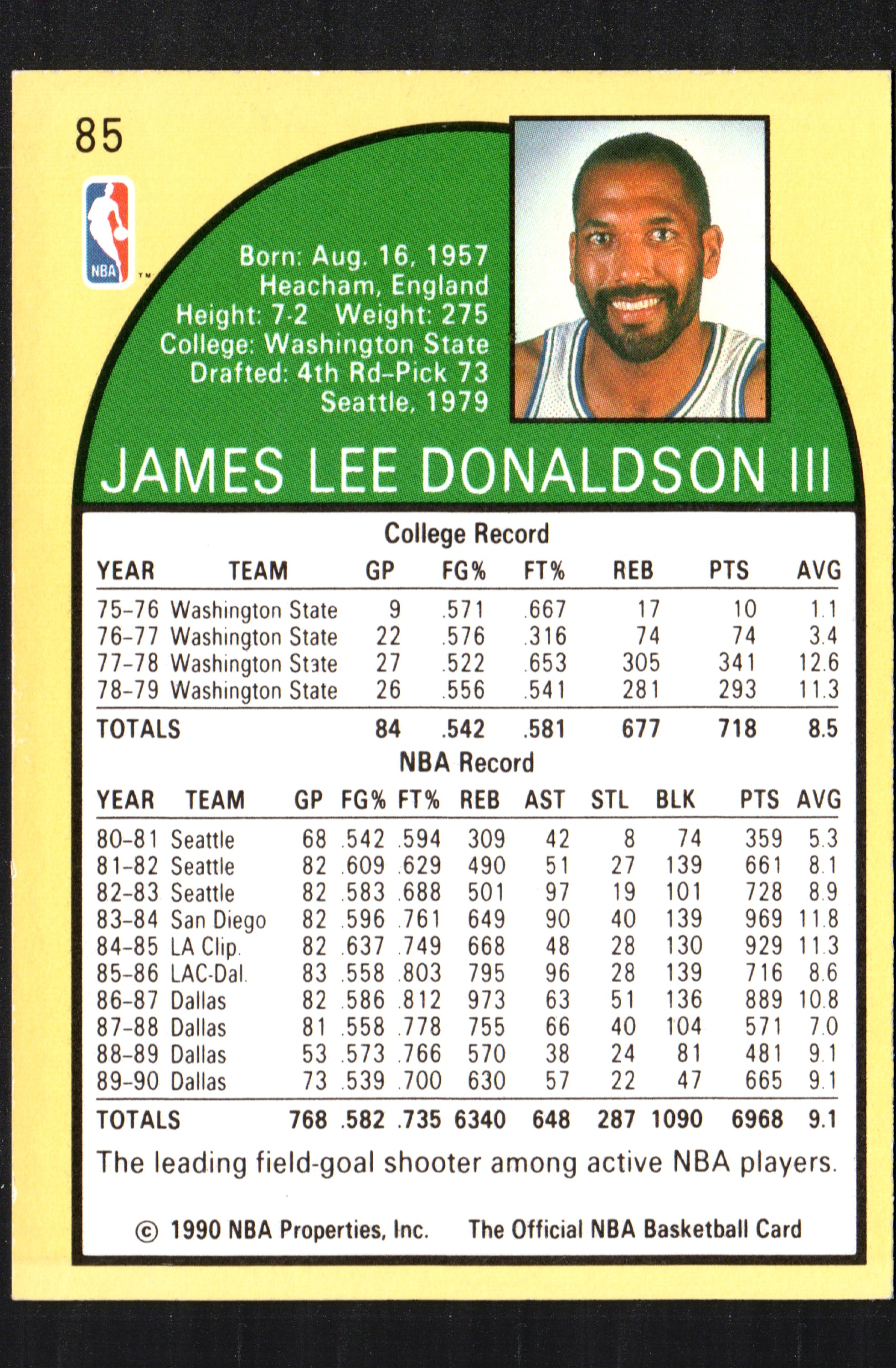 James Donaldson Dallas Mavericks #85 trading card from 1990-91 Hoops, featuring a clear image of the player in his team uniform.