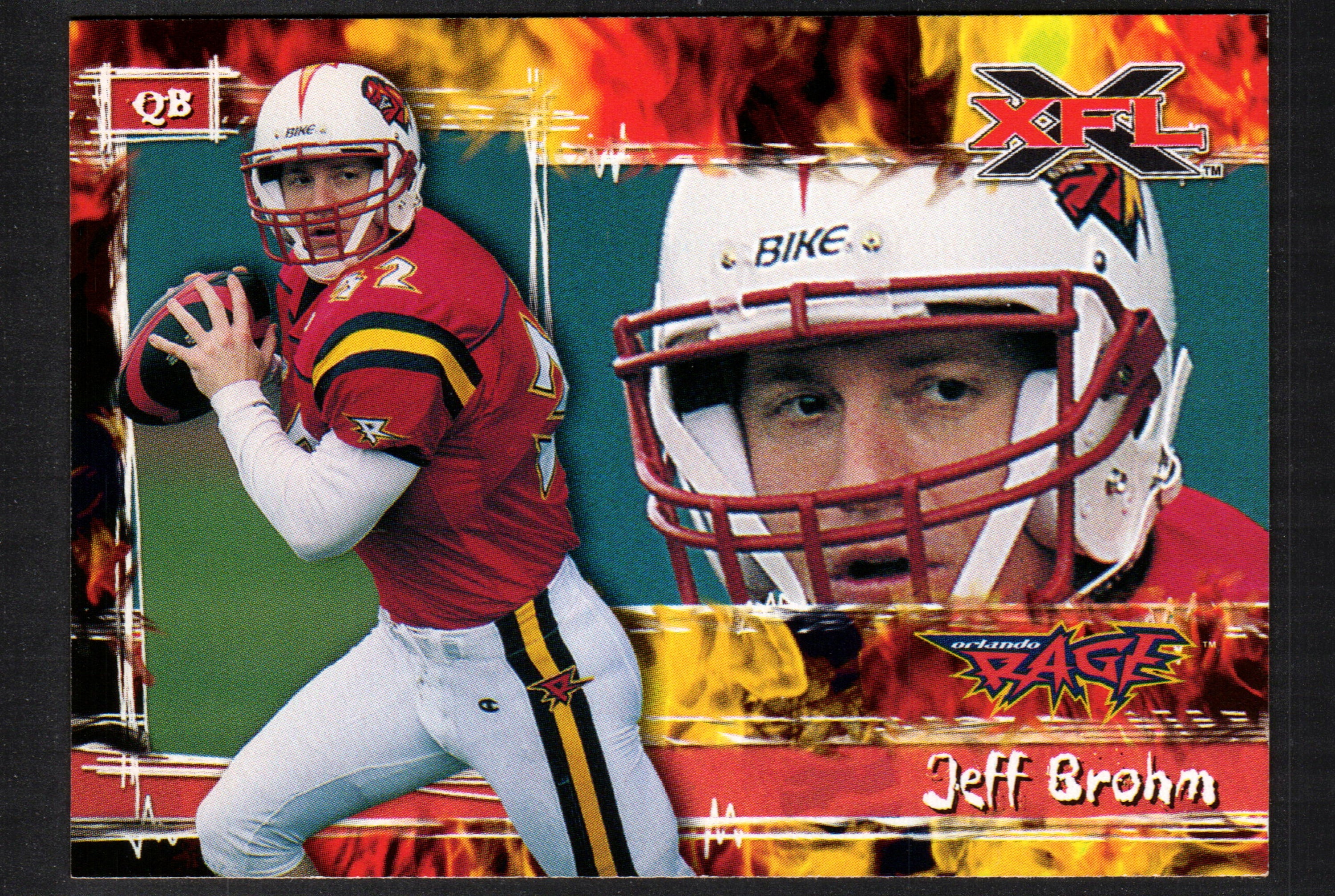 Jeff Brohm Orlando Rage trading card from 2001 Topps XFL, featuring vibrant colors and detailed player image.