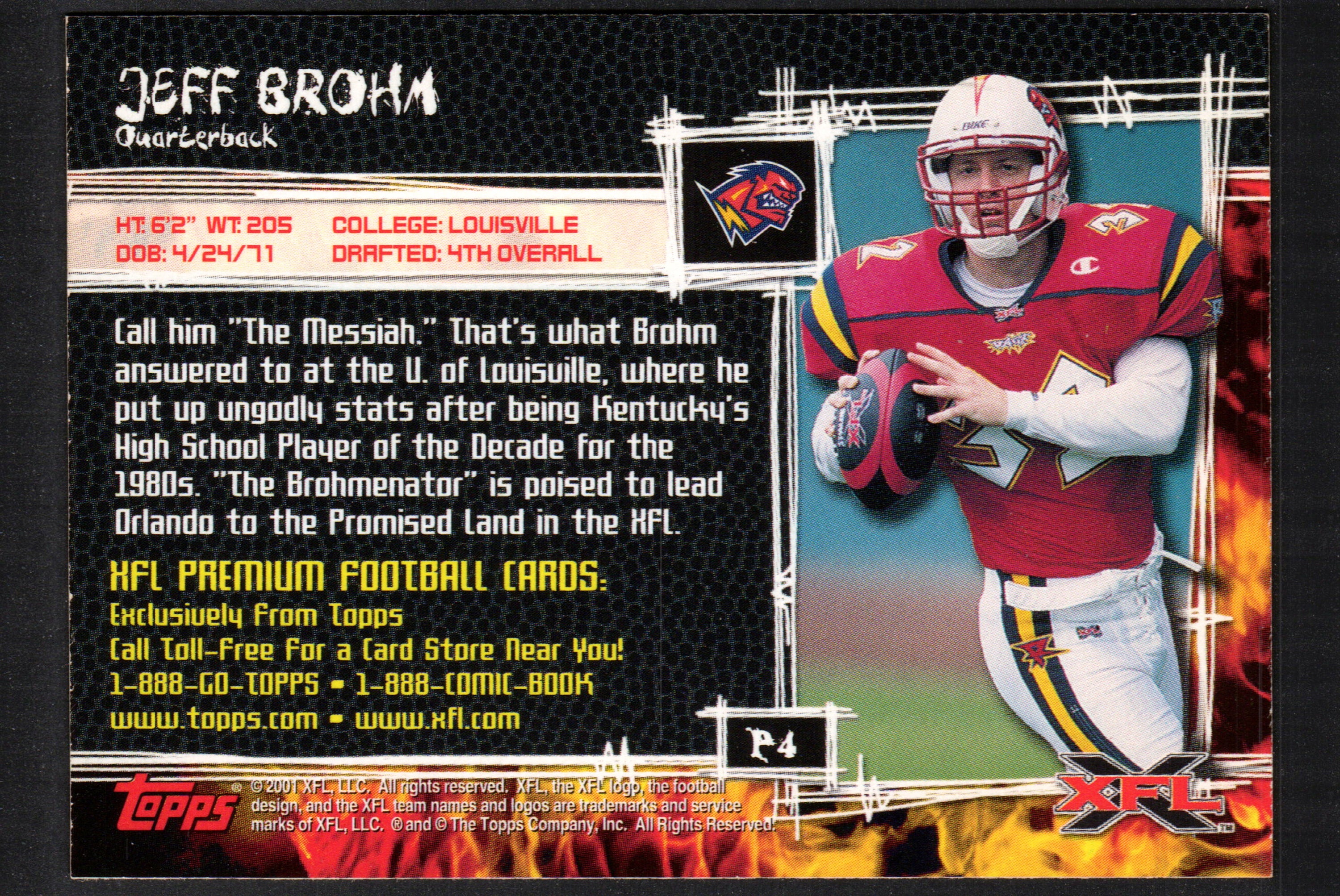 Jeff Brohm Orlando Rage trading card from 2001 Topps XFL, featuring vibrant colors and detailed player image.