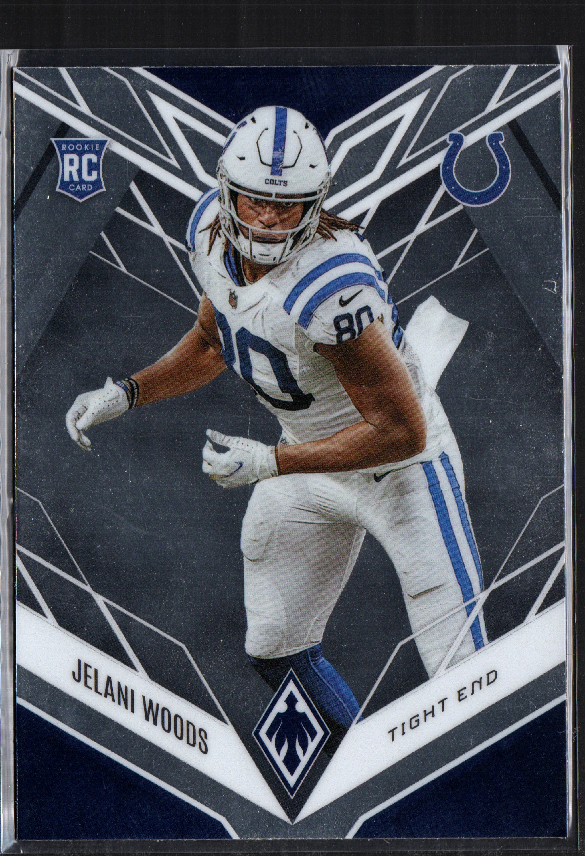 2022 Panini Phoenix trading card featuring Jelani Woods of the Indianapolis Colts, showcasing vibrant colors and detailed imagery.