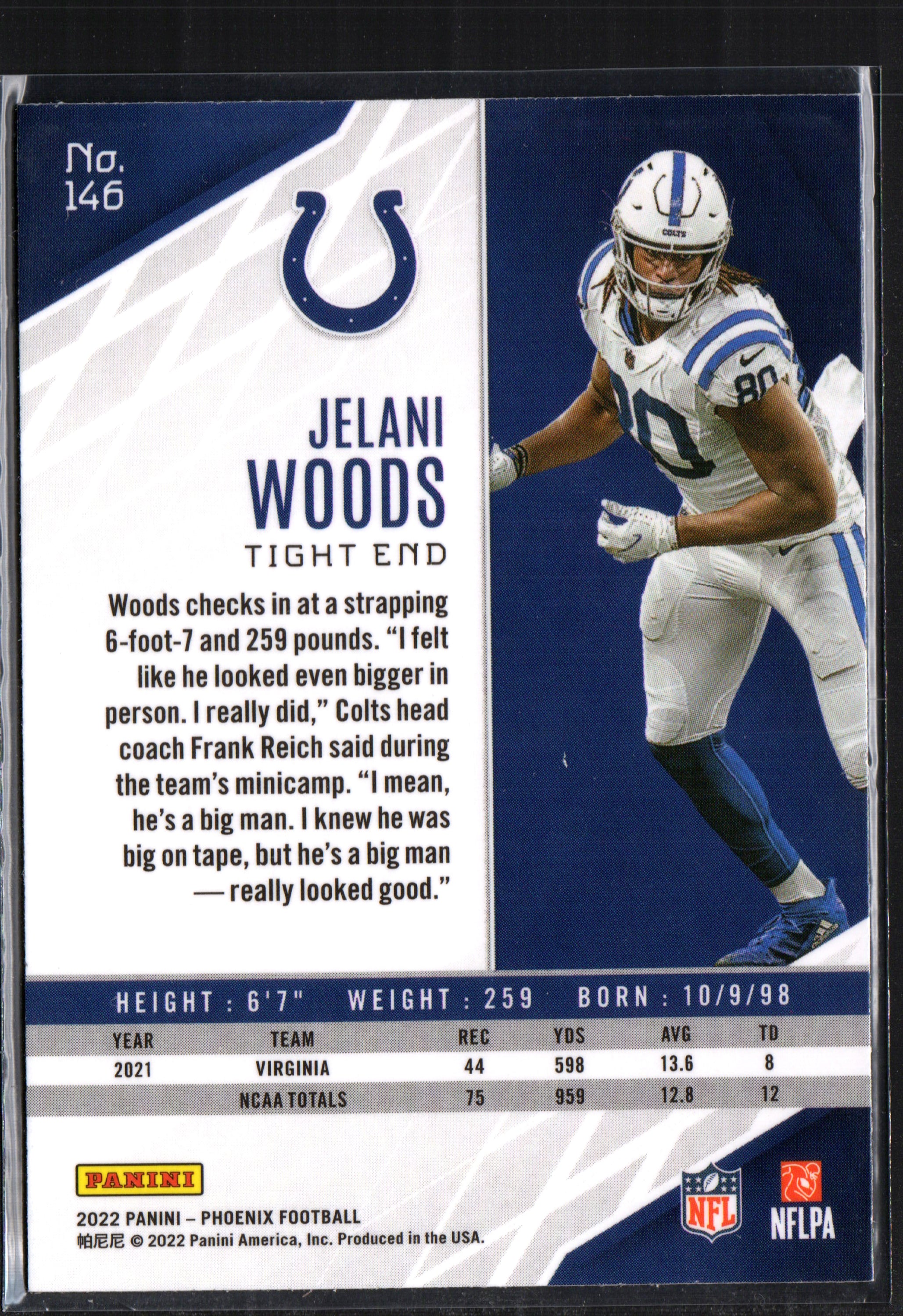 2022 Panini Phoenix trading card featuring Jelani Woods of the Indianapolis Colts, showcasing vibrant colors and detailed imagery.