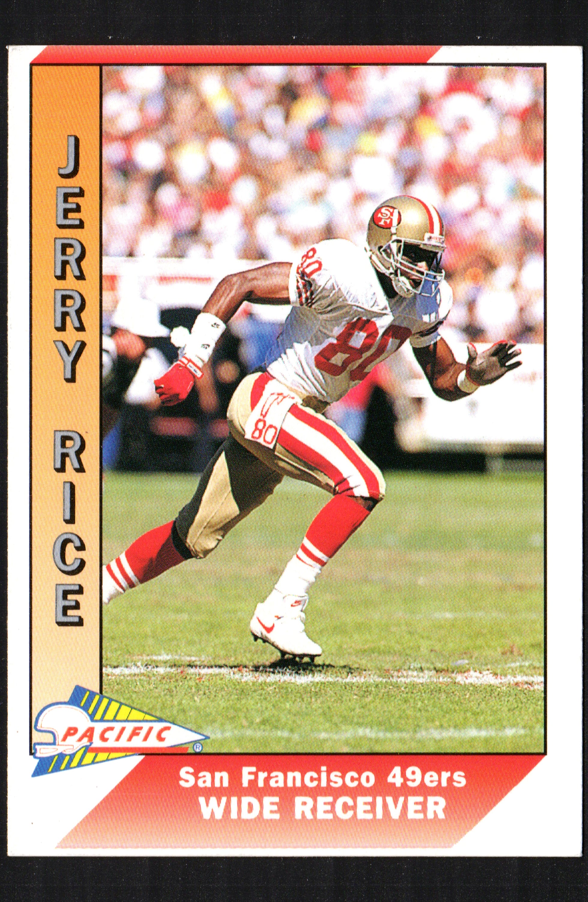 Jerry Rice trading card from the 1991 Pacific set, featuring him in red and gold San Francisco 49ers uniform.