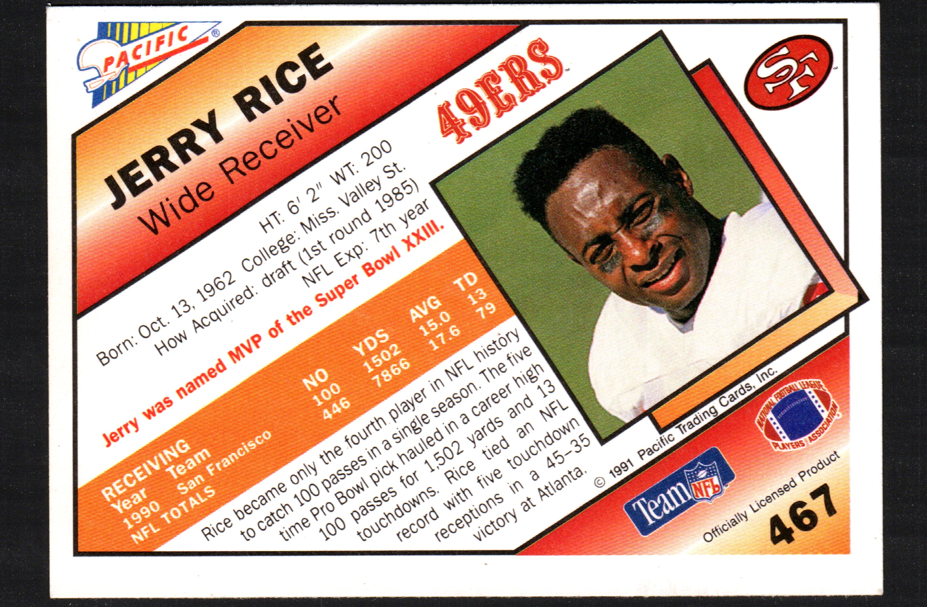 Jerry Rice trading card from the 1991 Pacific set, featuring him in red and gold San Francisco 49ers uniform.