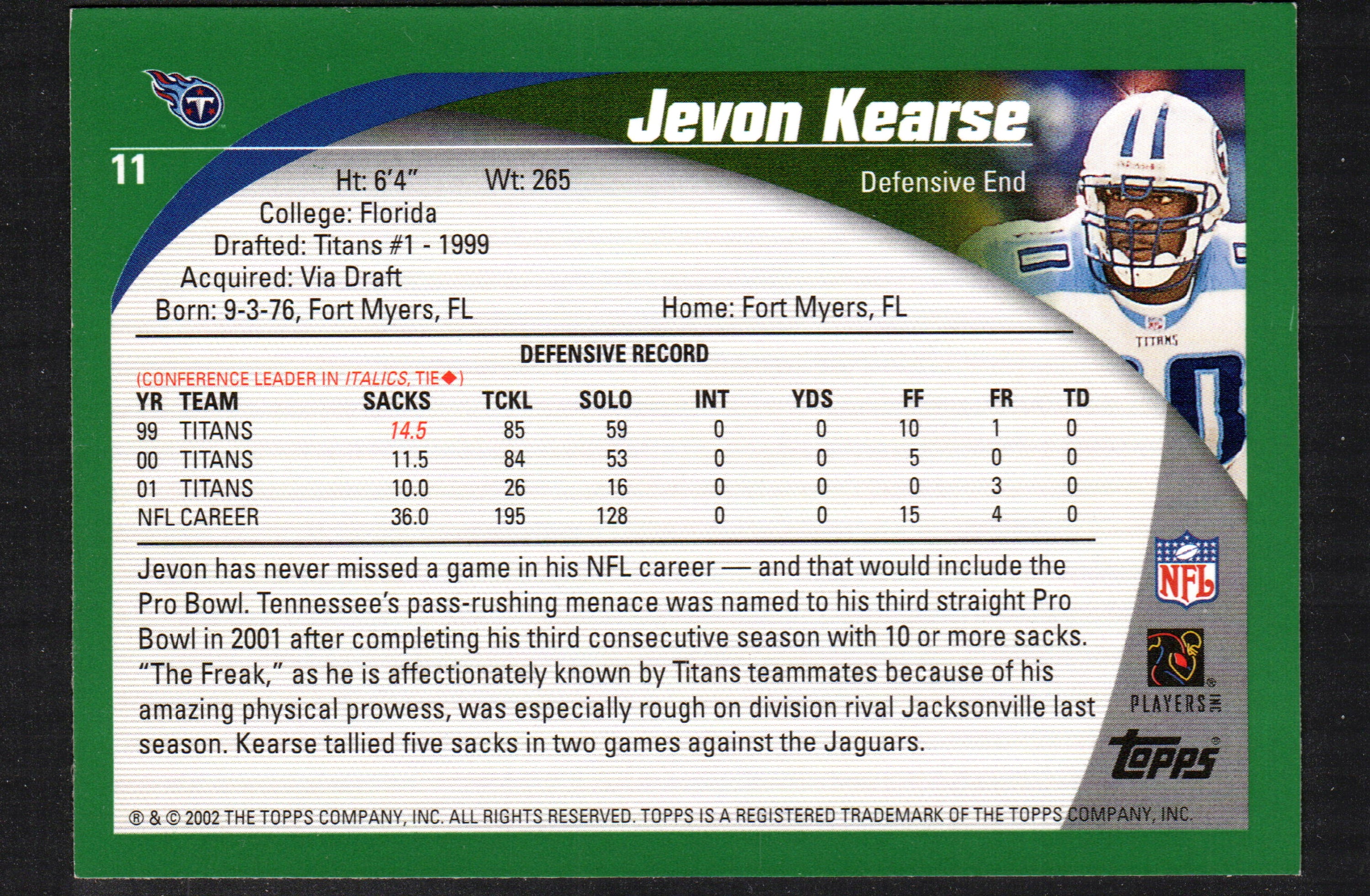 2002 Topps trading card featuring Jevon Kearse in Tennessee Titans uniform, card number 11.