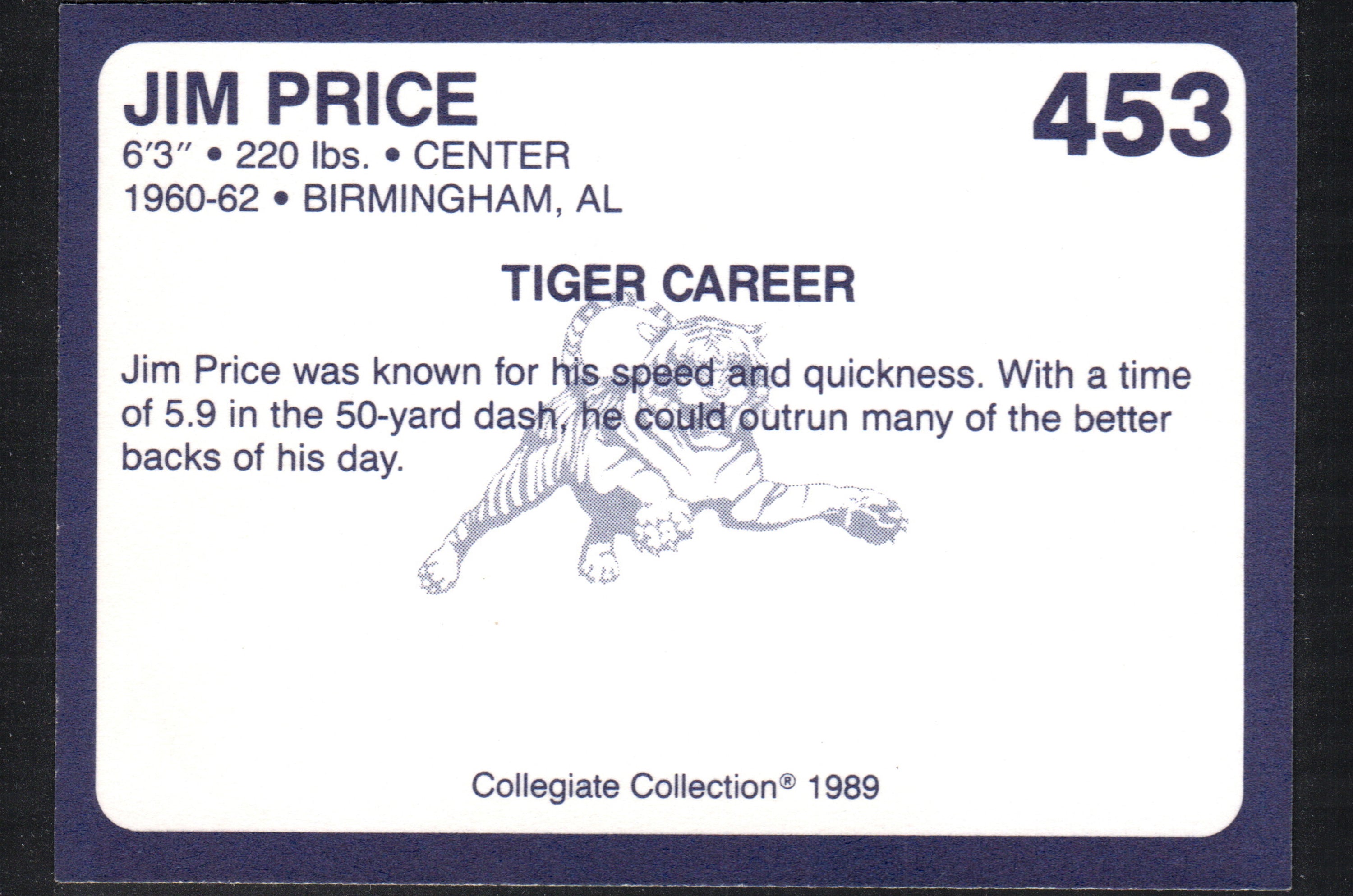 Jim Price Auburn Tigers 1989 trading card featuring player details and vibrant colors.